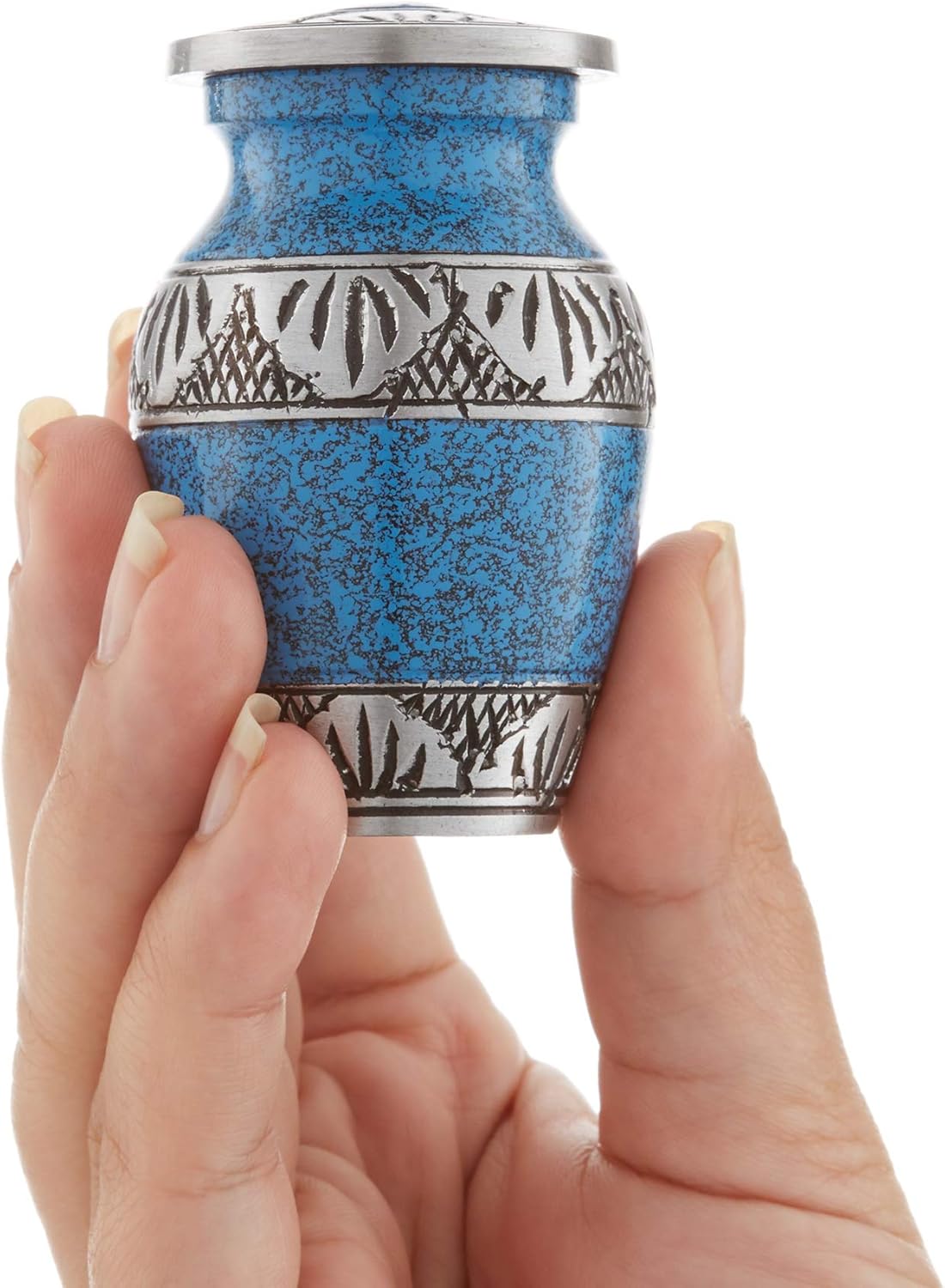 Reminded Small Cremation Urns Set of 4 Blue and Silver with Velvet Case