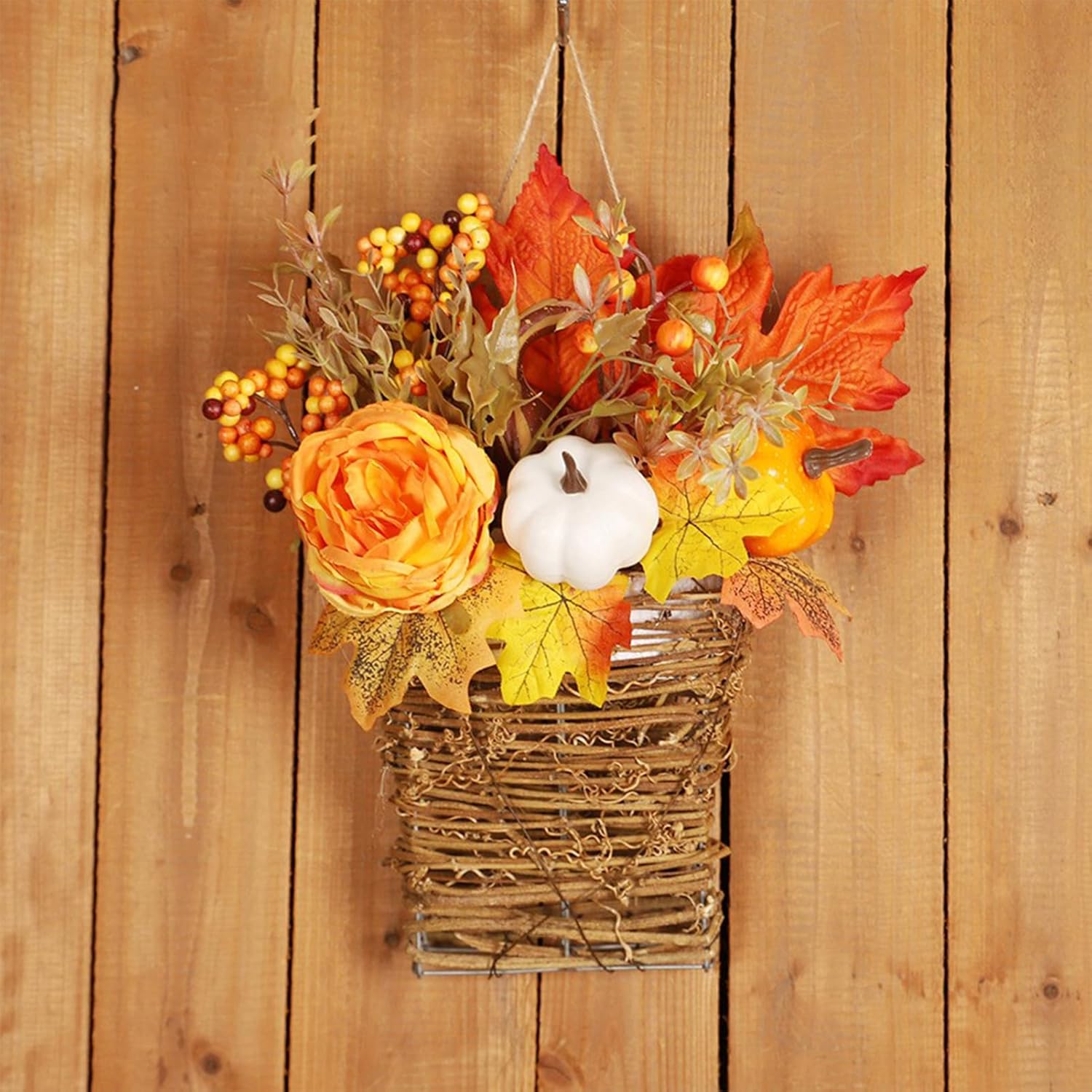 Autumn Peony Pumpkin Wall Hanging Basket Wreath