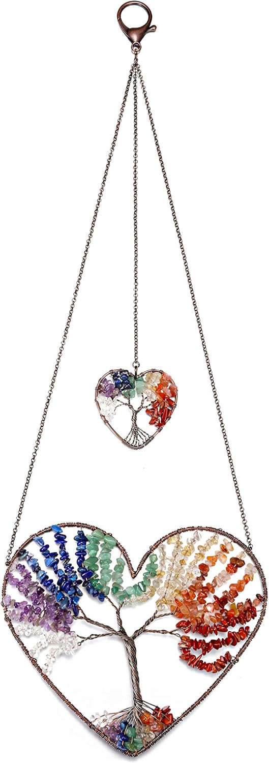 JOVIVI Double Heart Tree of Life Healing Crystal Wall Hanger