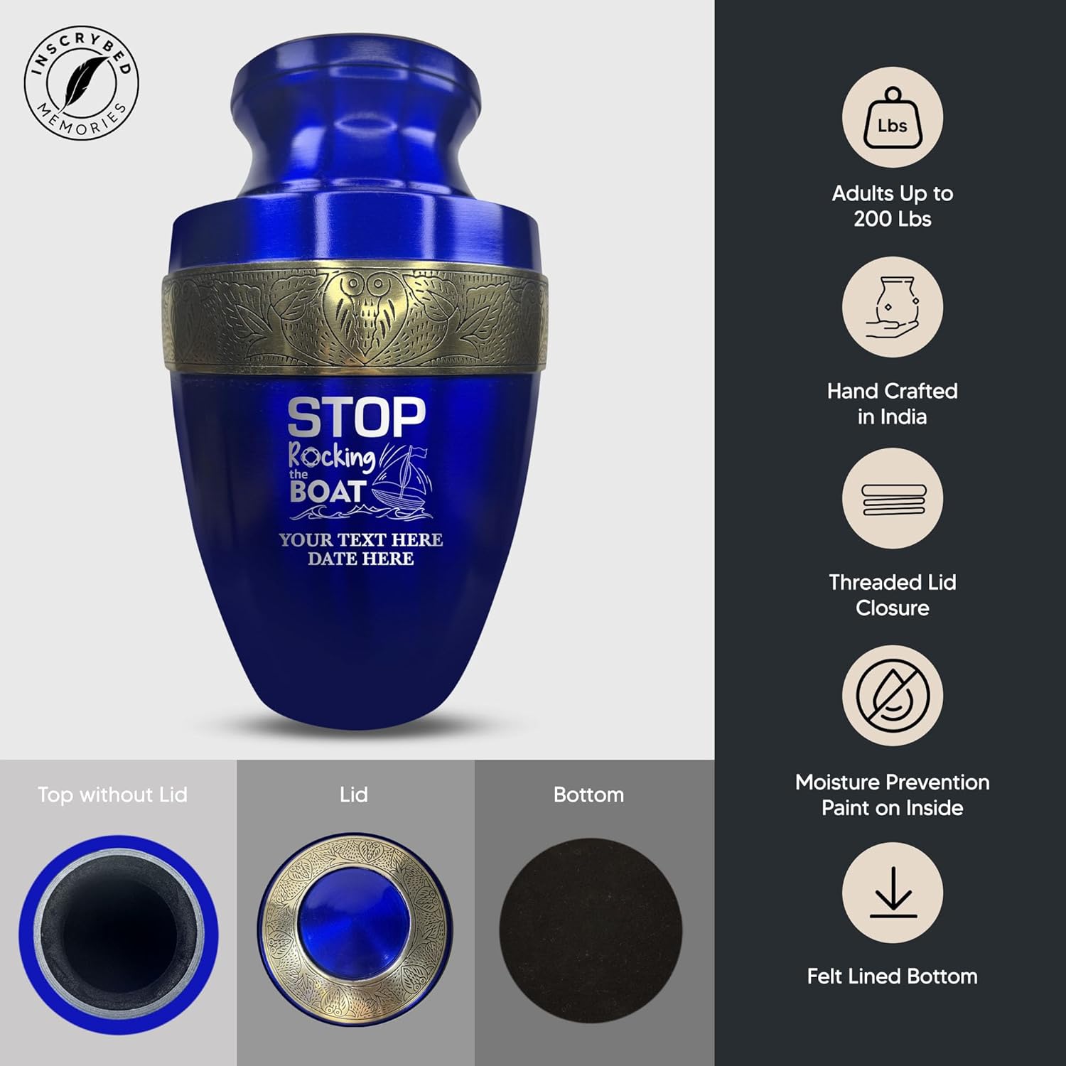 Custom Adult Cremation Urn with Funny Fishing Design and Gold Rim Blue