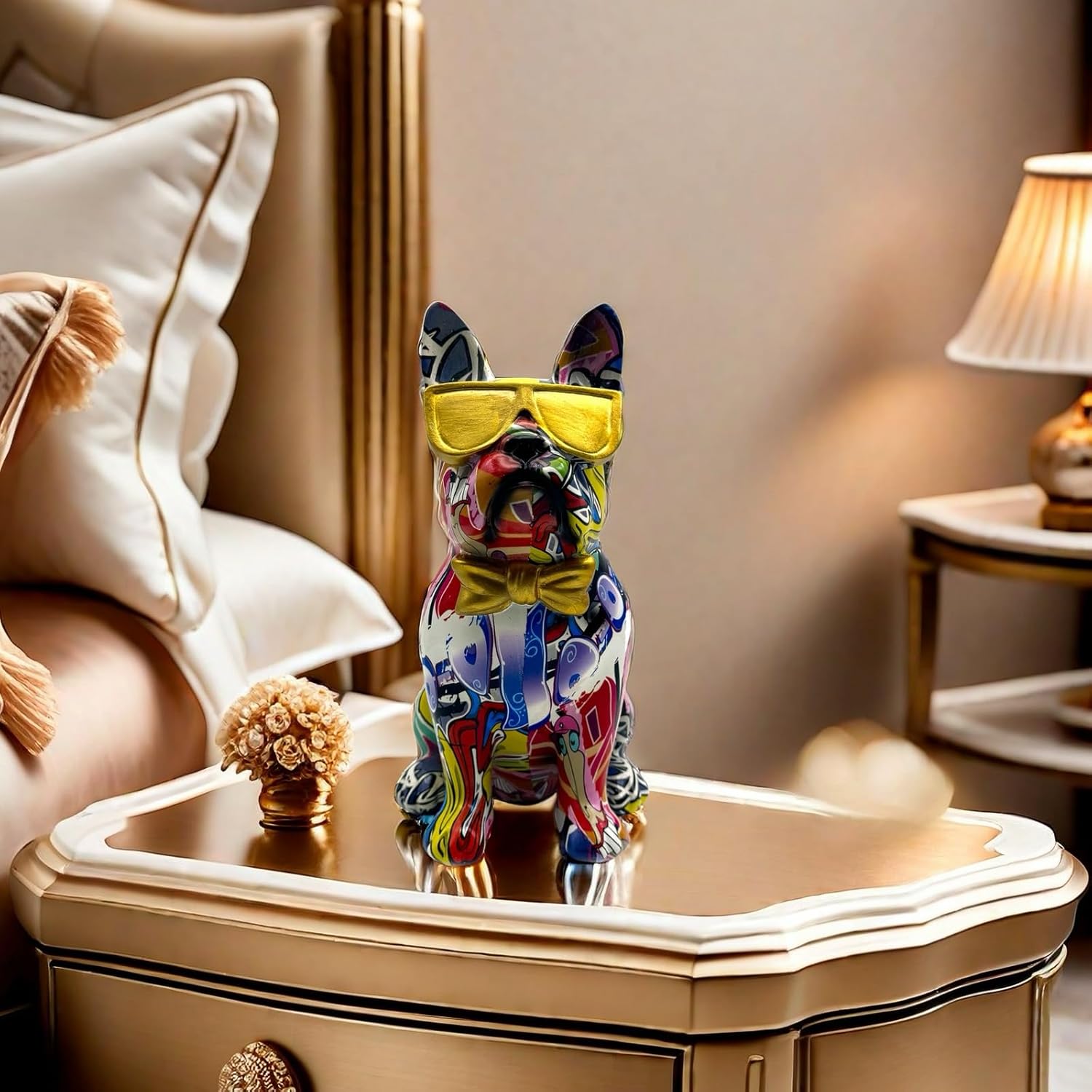 Colorful Art French Bulldog with Sunglasses Statue