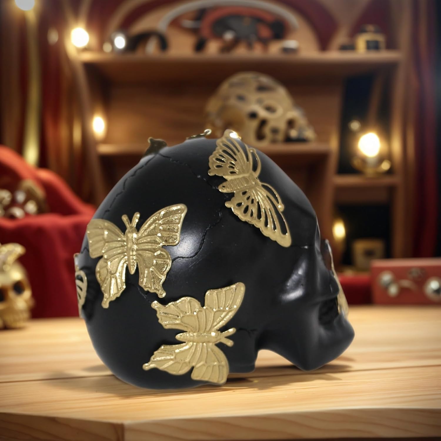 Black Skull Statue with Gold Butterfly Halloween Decor