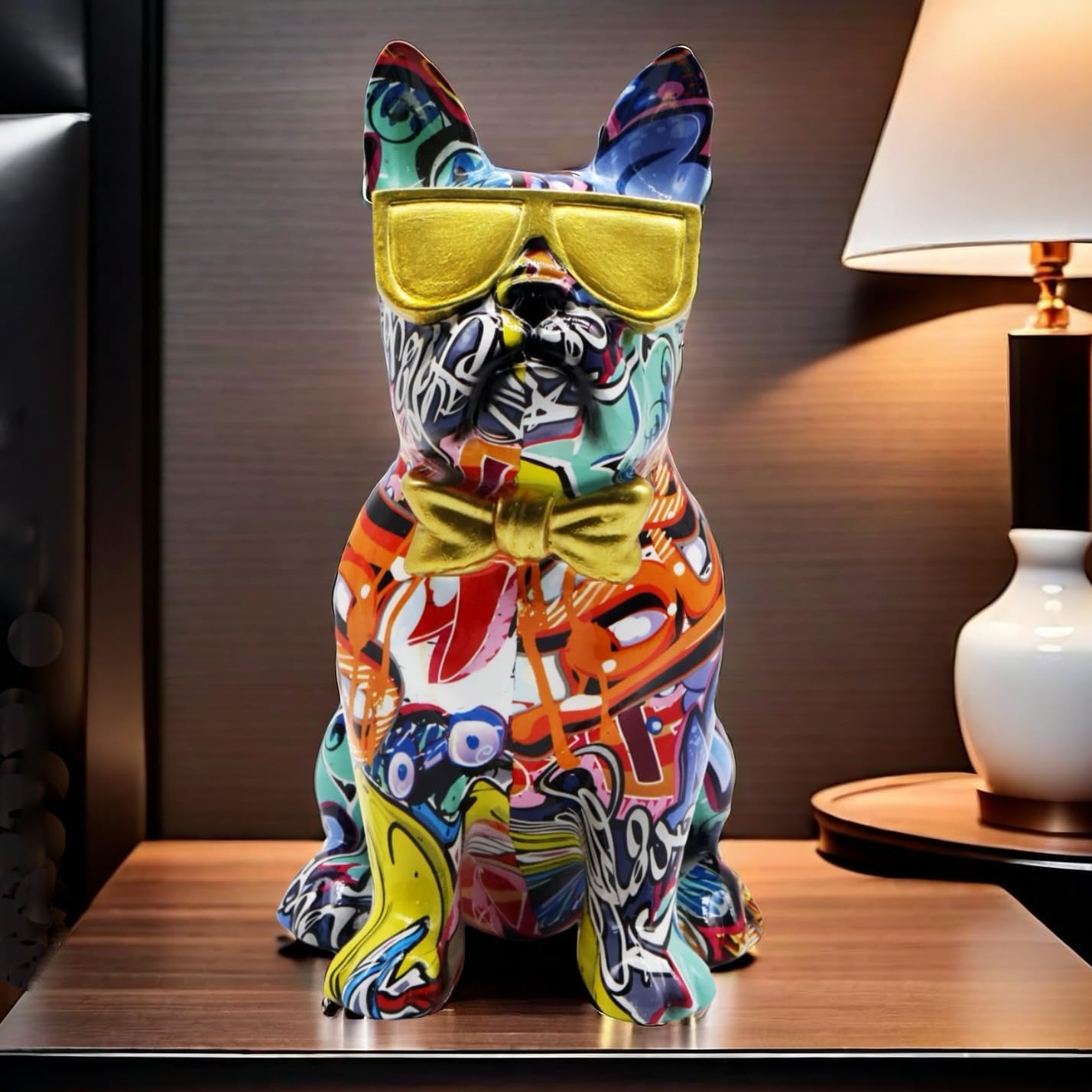 Colorful Art French Bulldog with Sunglasses Statue