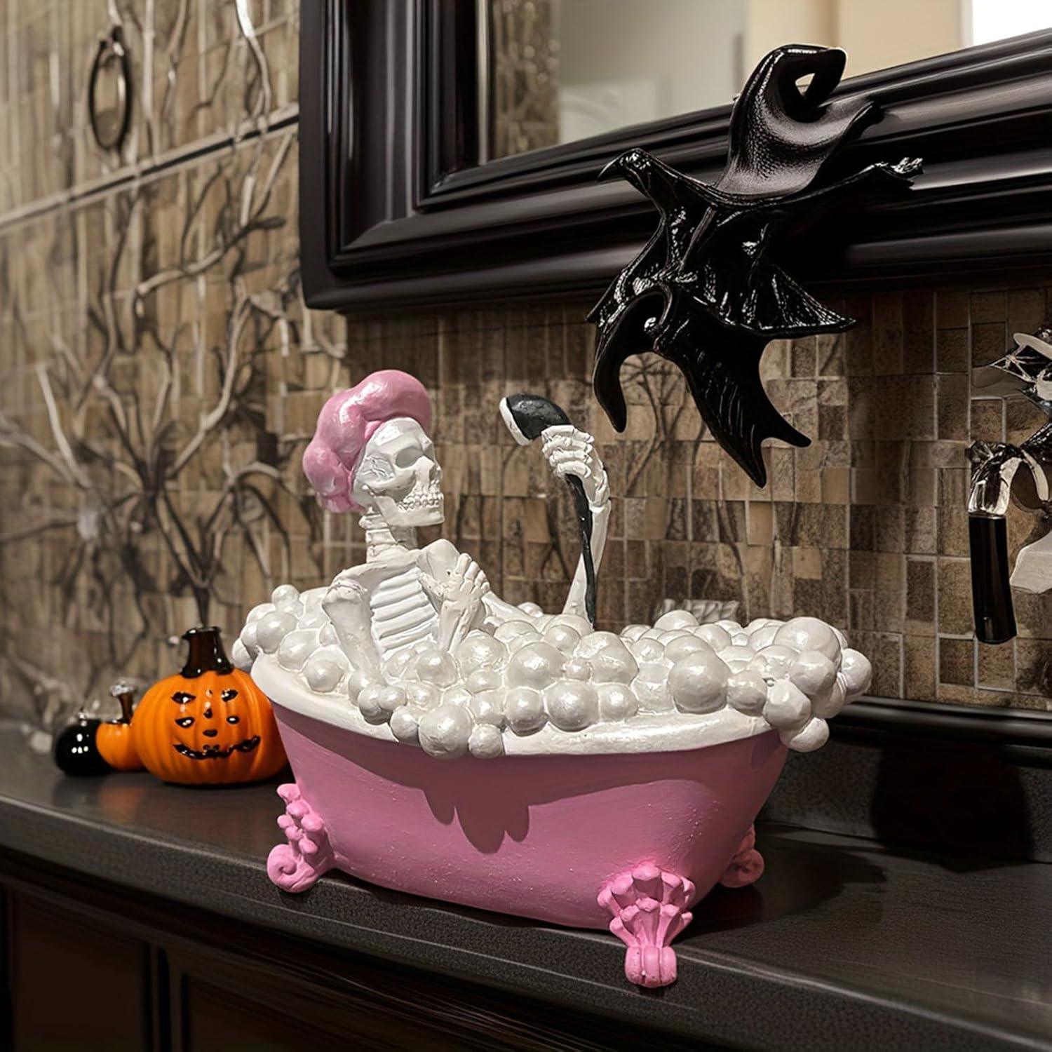 Whimsical Halloween Skeleton in Pink Bath Tub Figurine