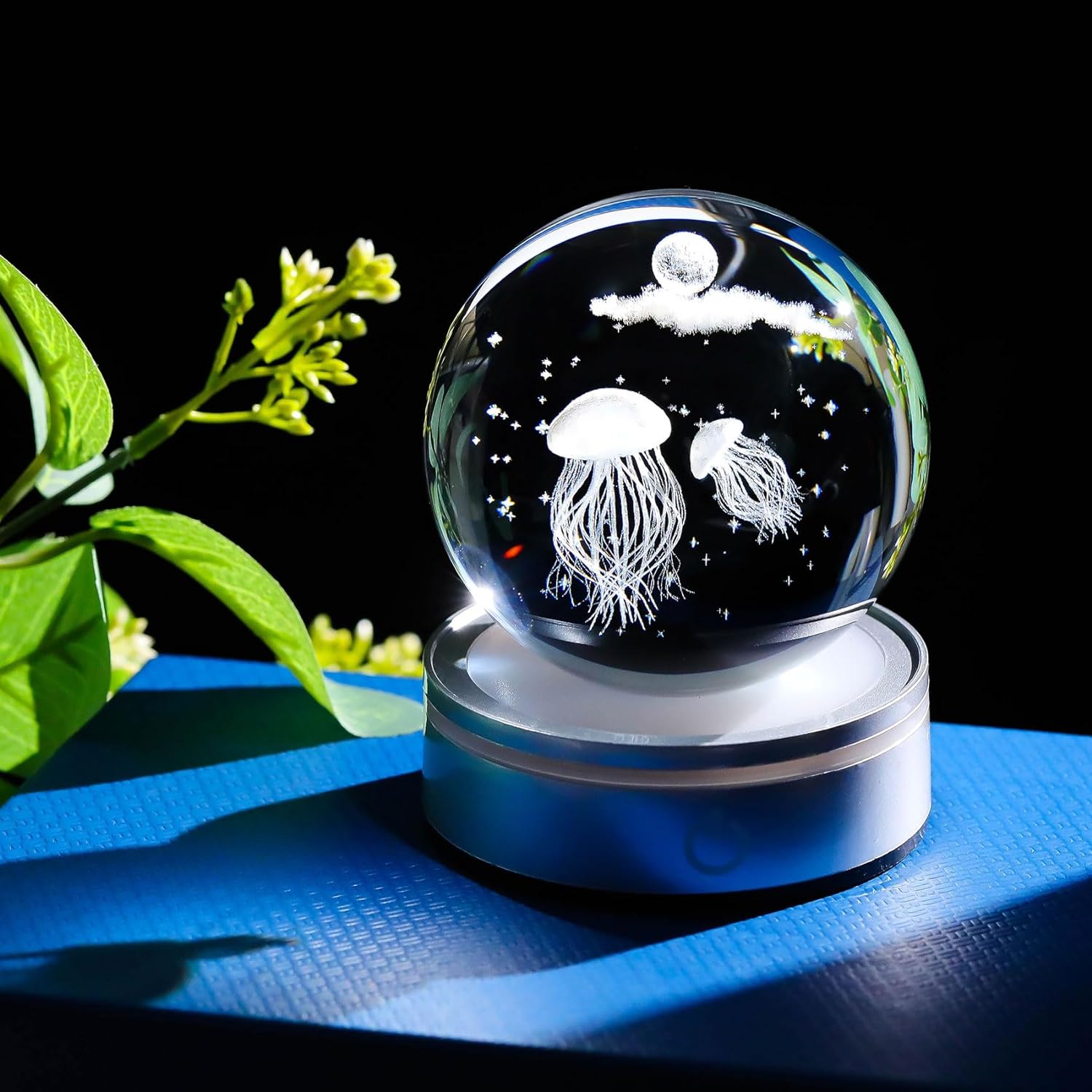 Movdyka 3D Crystal Jellyfish Night Light Decor Figurine