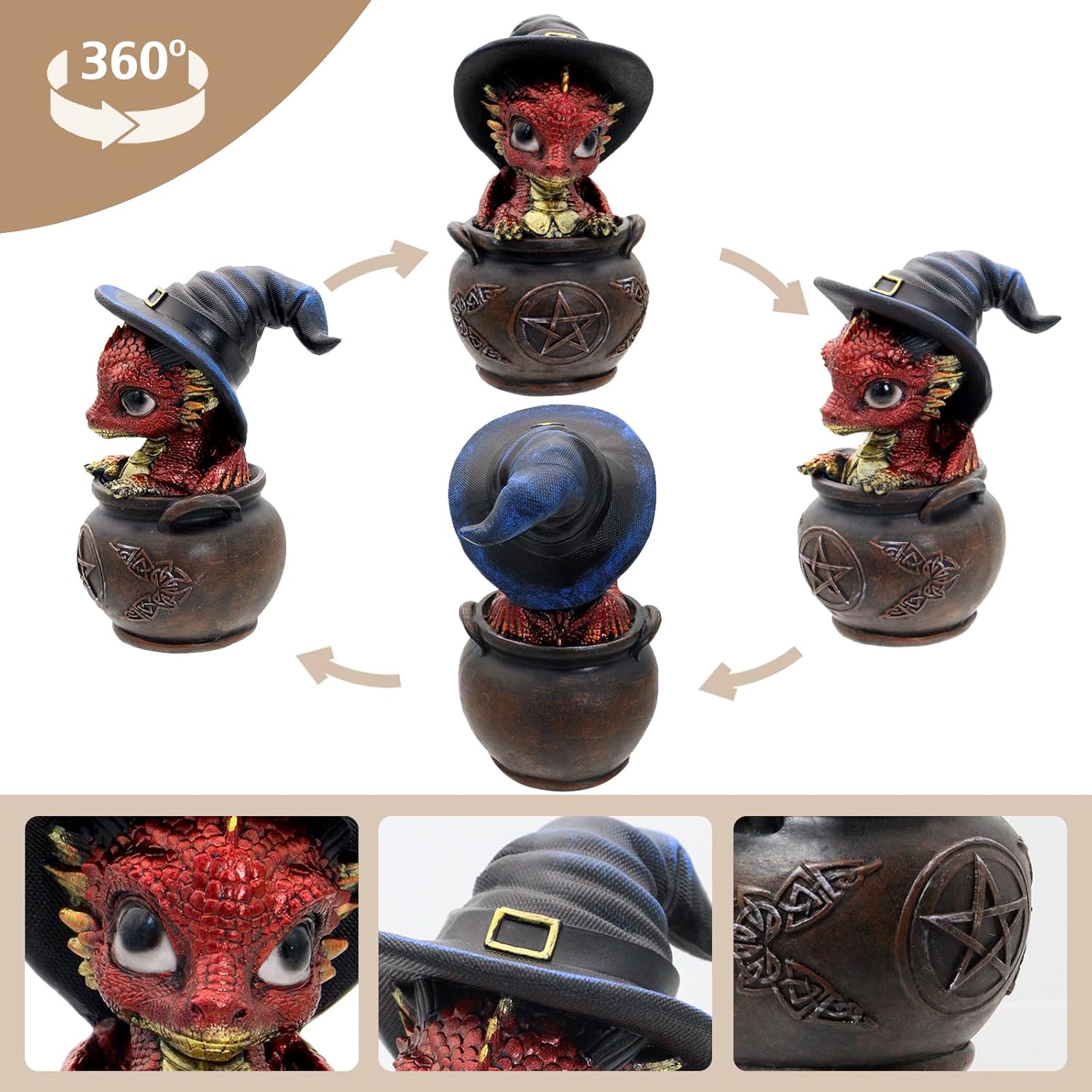 Mini Dragon Figurine with Witch Hat and Cauldron