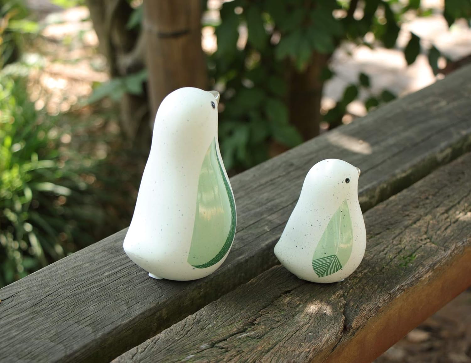 Unique Sitting Birds Figurines with Green Leaf Wings Set of 2