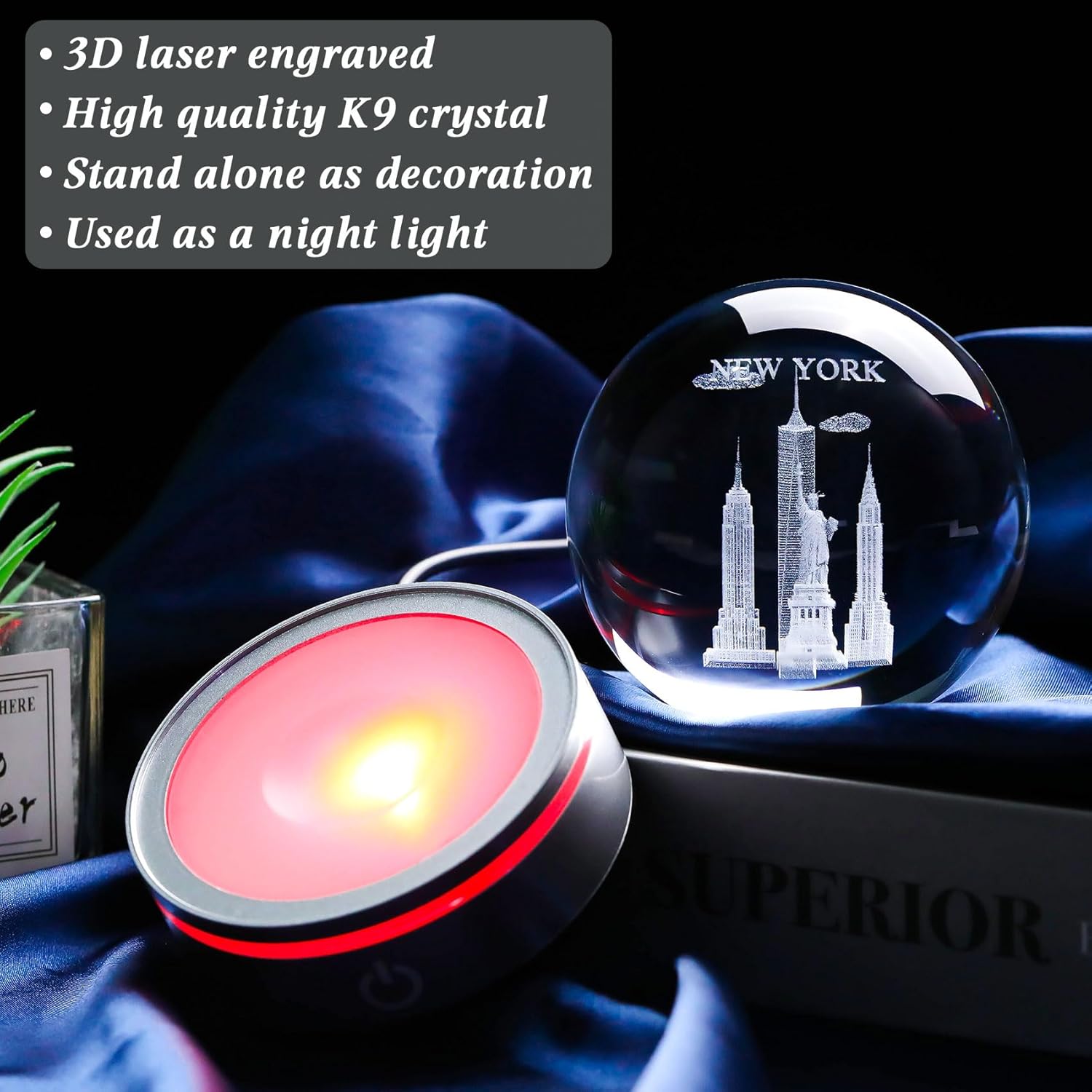 Movdyka 3D Crystal Ball Statue of Liberty Night Light Snow Globe