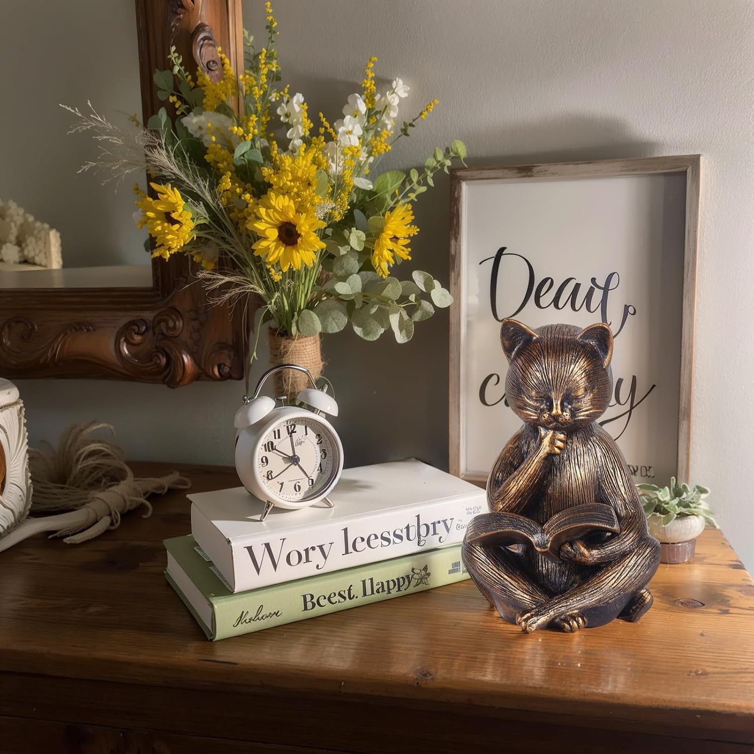 Reading Cat Figurine - 64 Inch Resin Bookshelf Decor