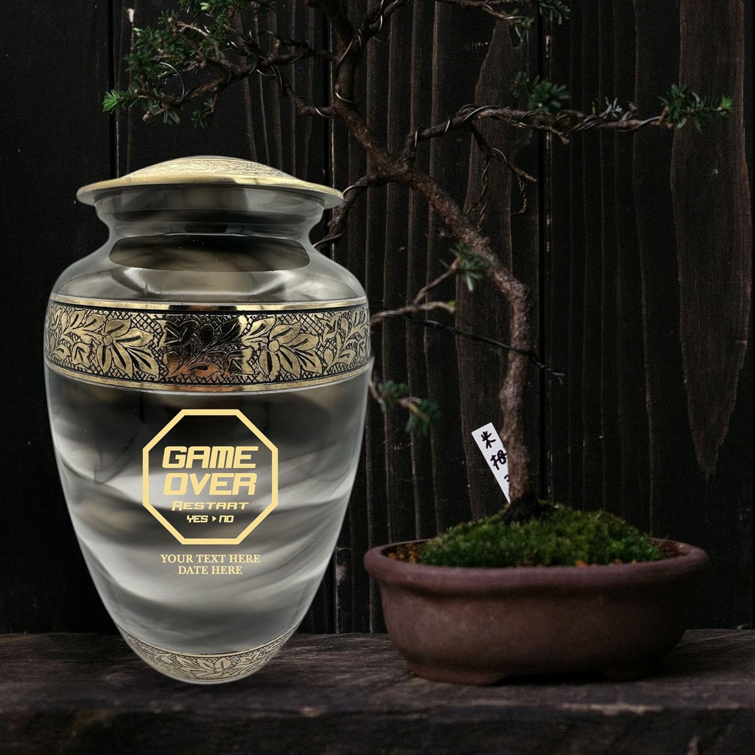 Custom Cremation Urn for Gamers - Gold Engraved Design