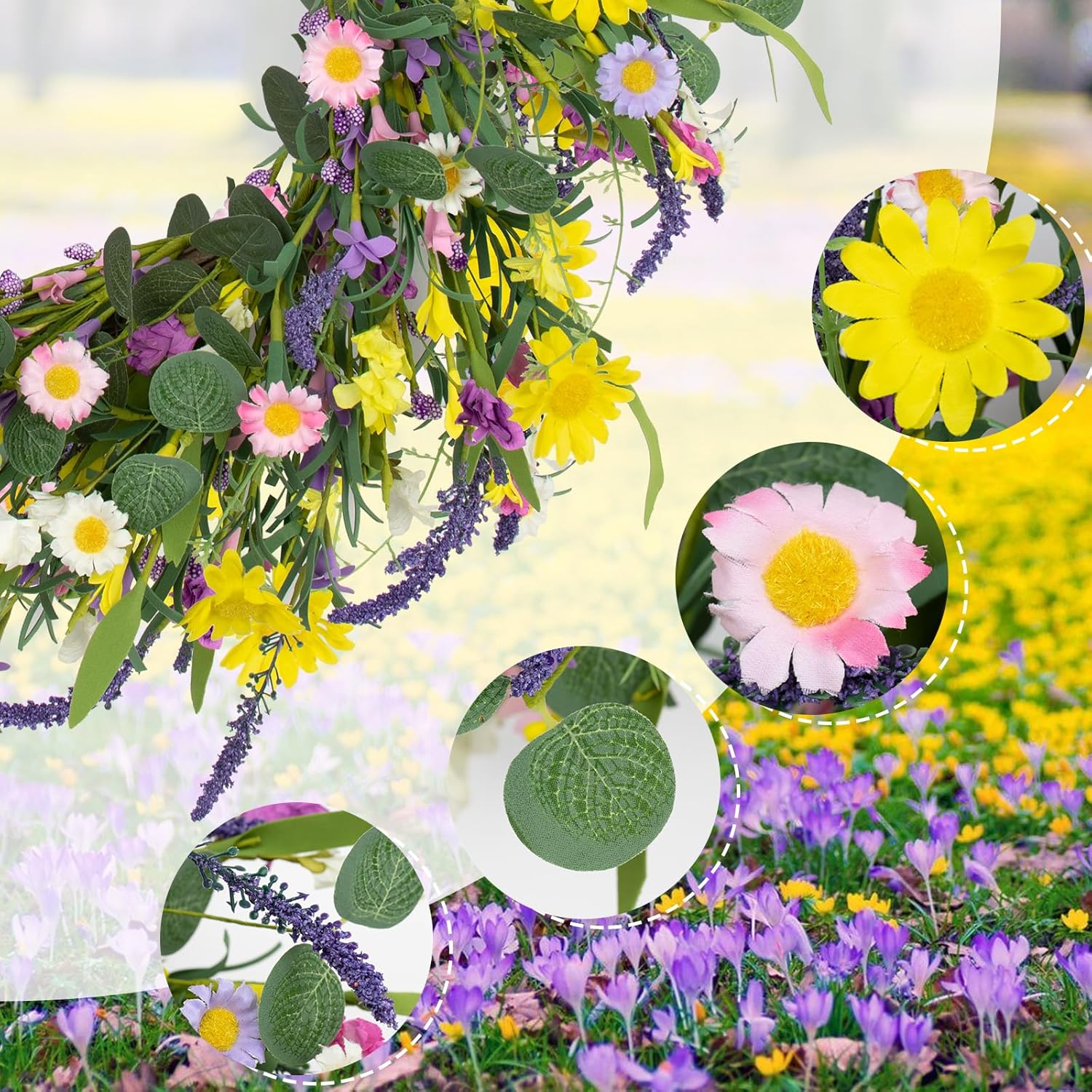 JFLORU 22 Inch Artificial Spring Wreath with Wildflowers