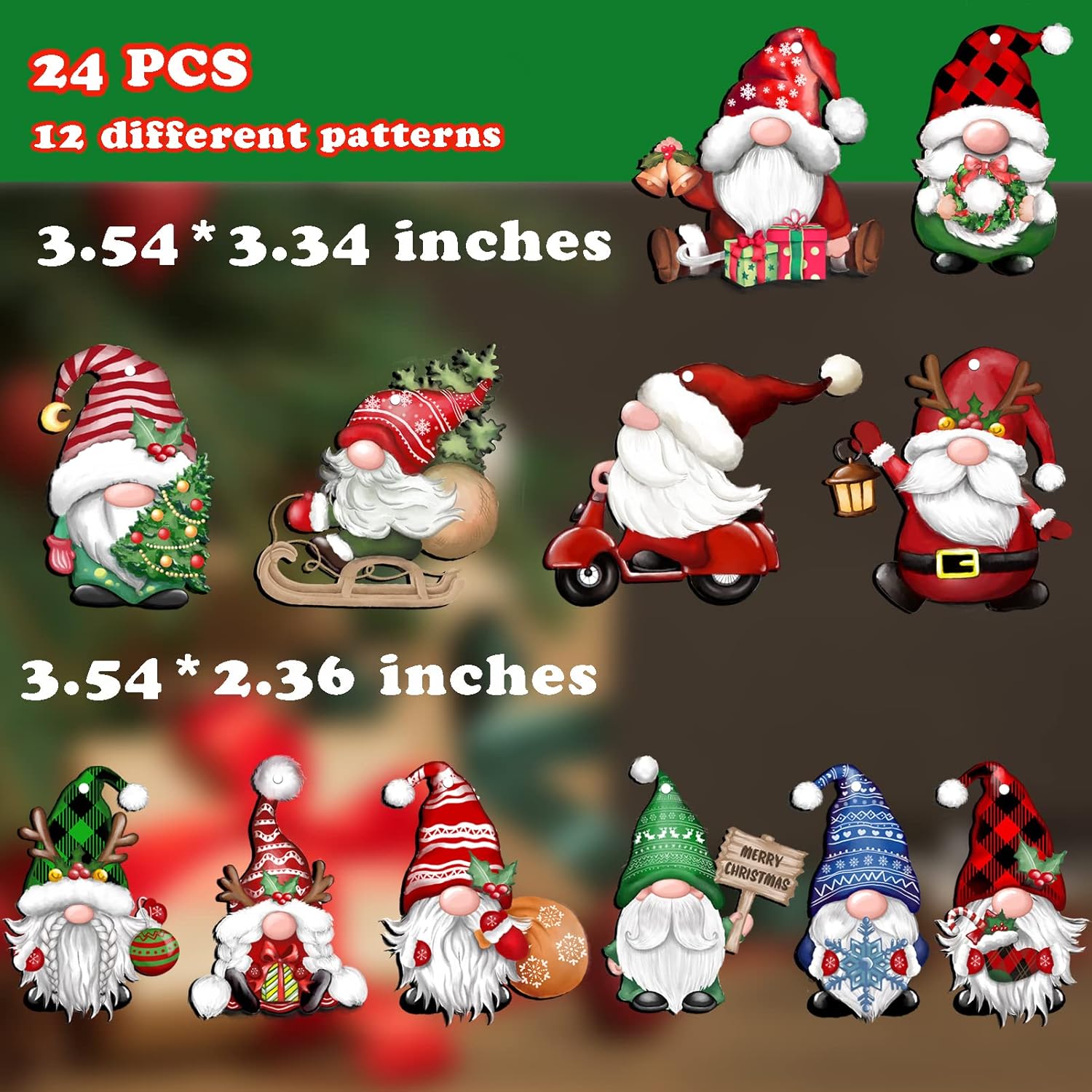 24 Piece Christmas Gnome Wooden Hanging Ornaments