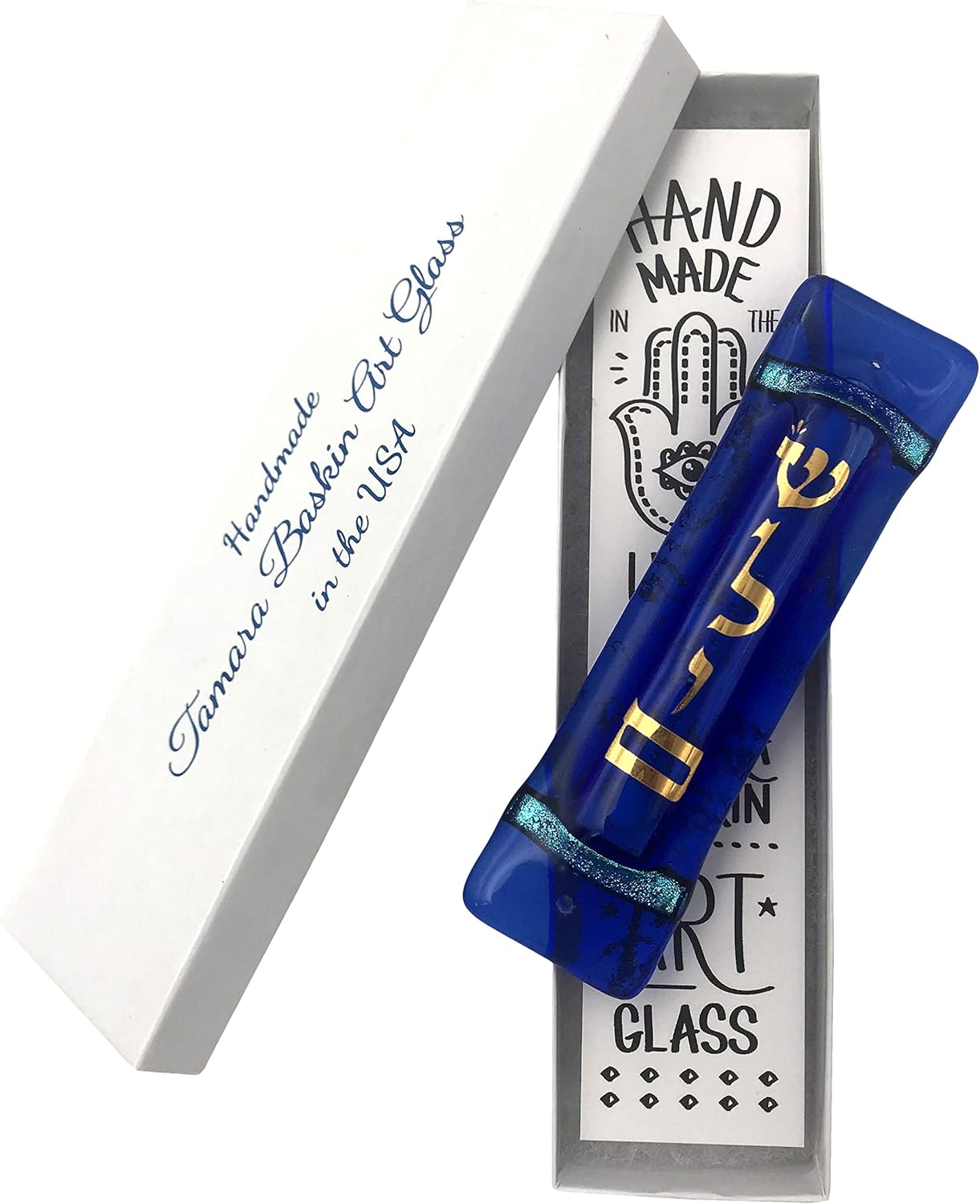 Shalom Art Glass Mezuzah with Scroll - Midnight Blue
