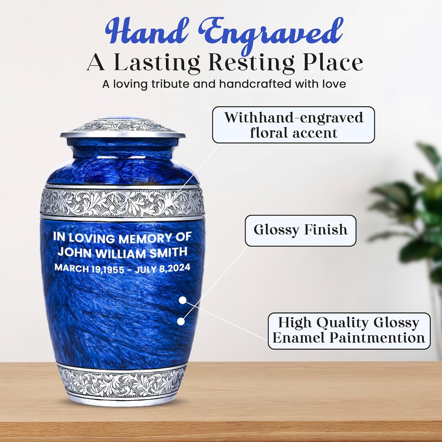 Personalized Blue Urn for Human Ashes with Necklace