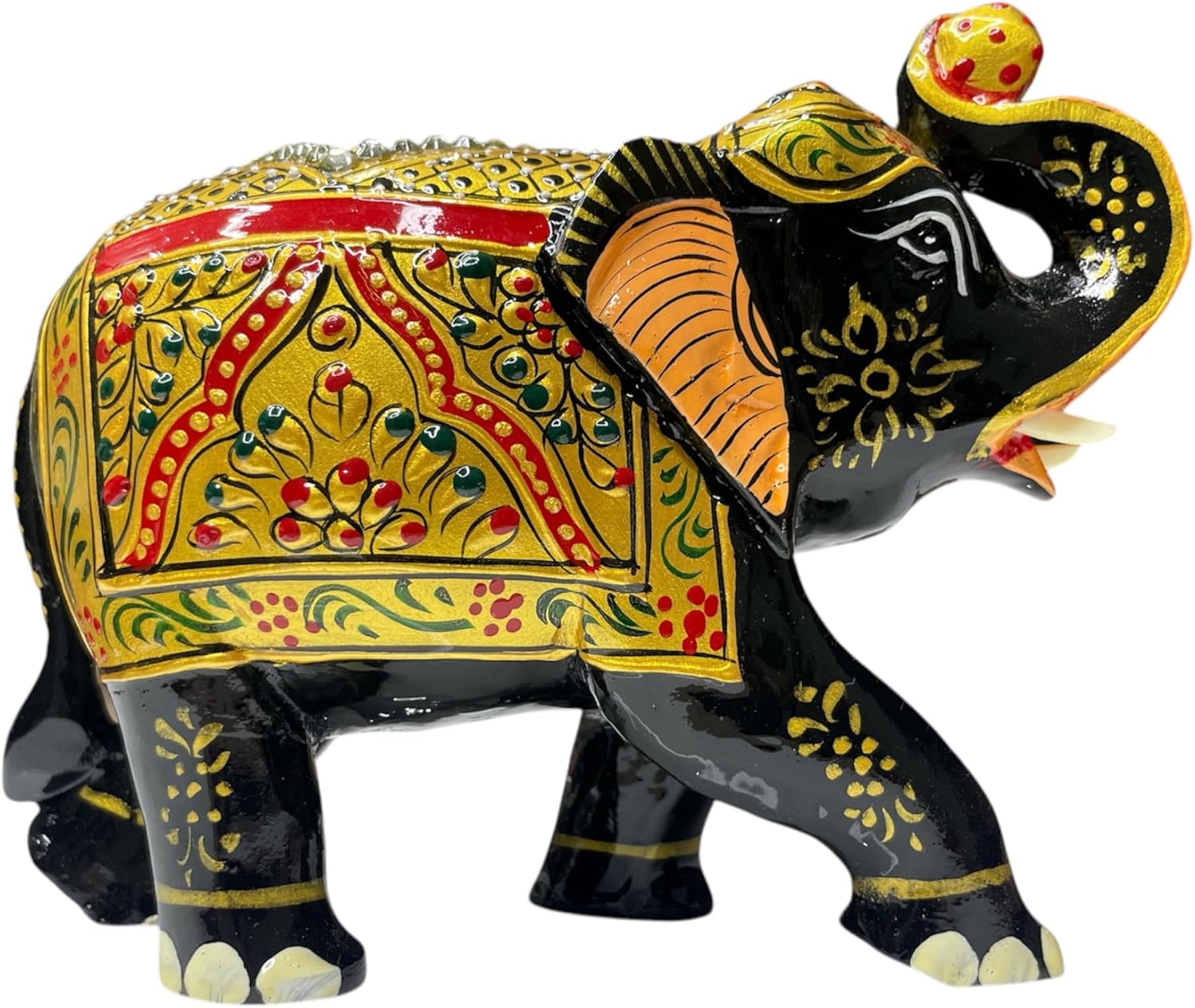 Handcrafted Wooden Elephant Figurine with Gold and Gemstone Details