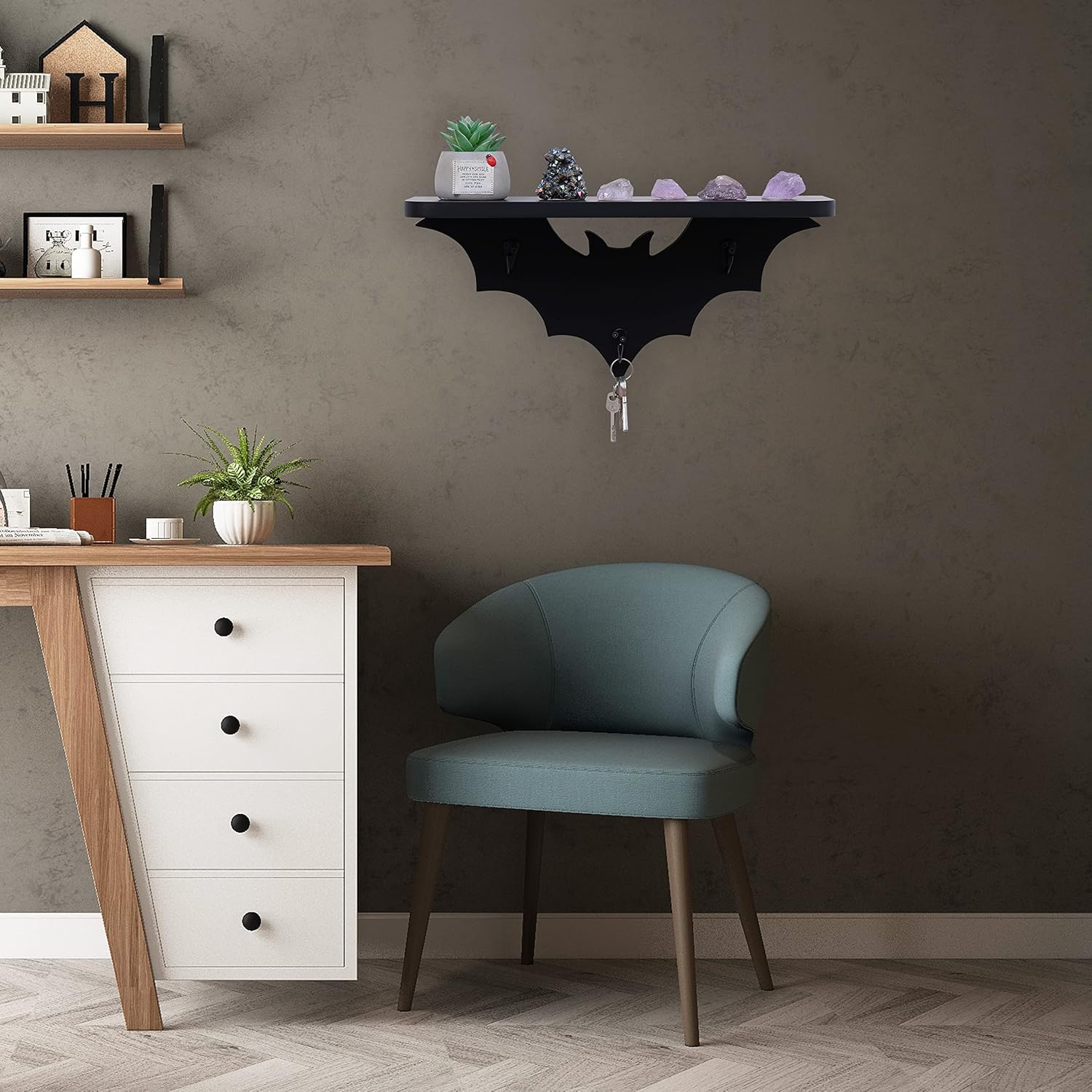 Bat Floating Shelf with 3 Key Hooks Black Wall Decor