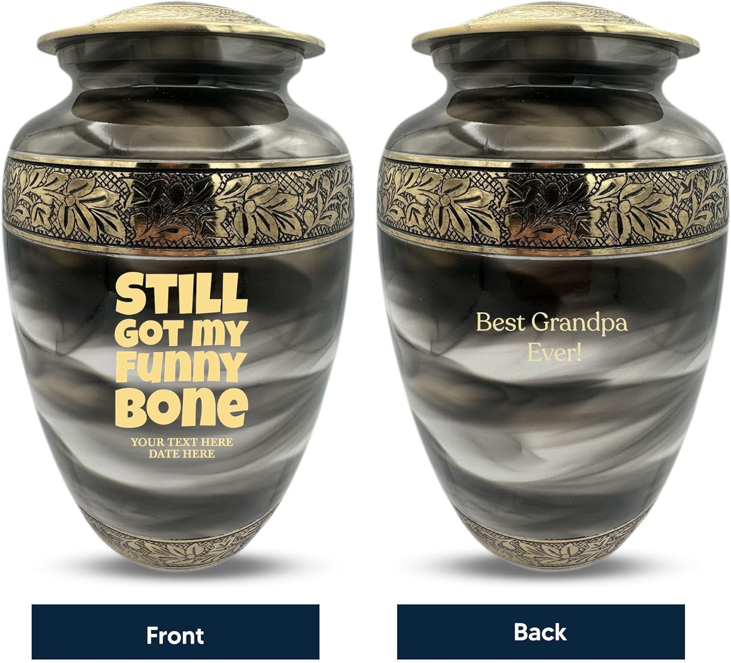 Custom Cremation Urn with Humor Engraving and Gold Design