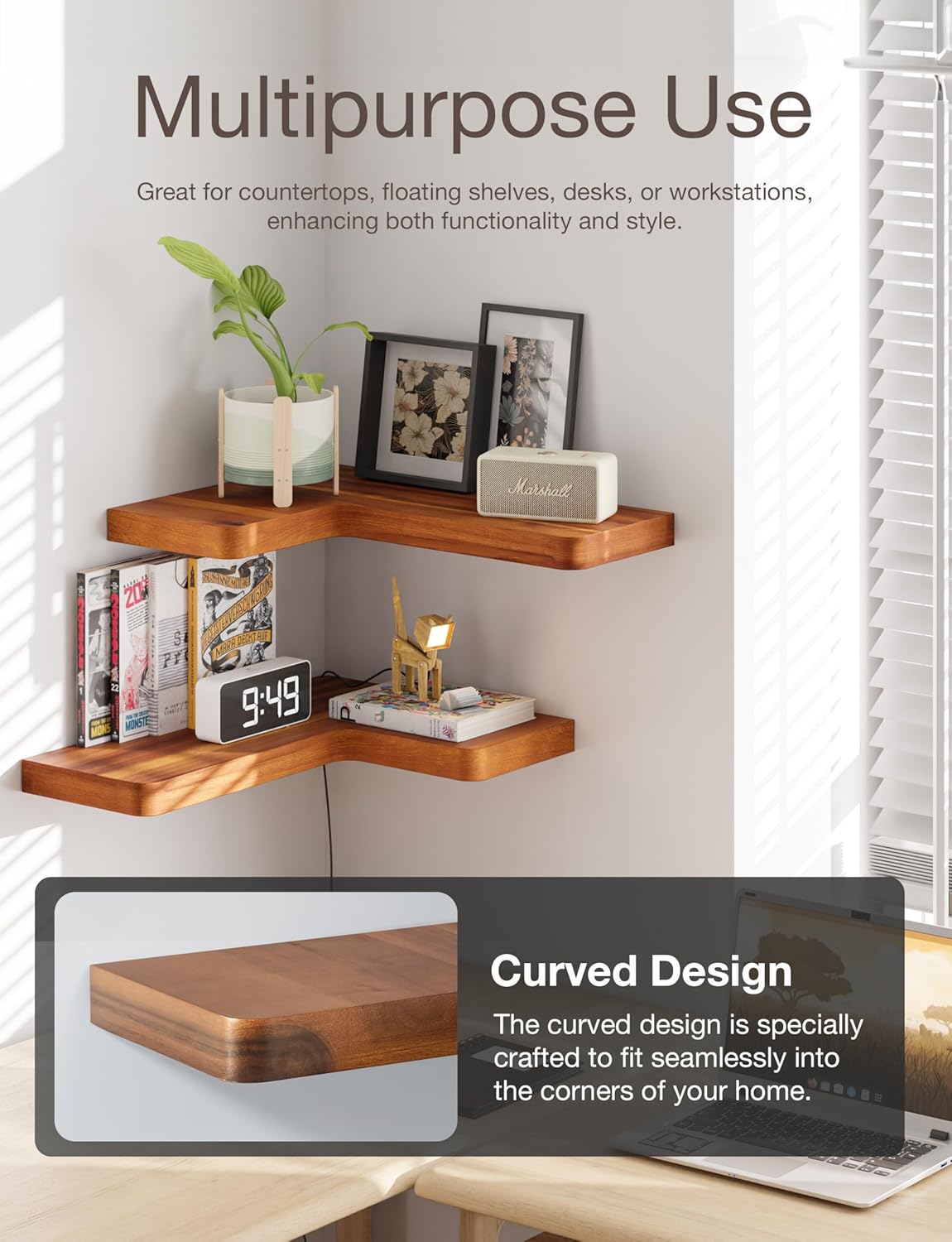 BATODA Acacia Wood Corner Floating Shelves Set 2