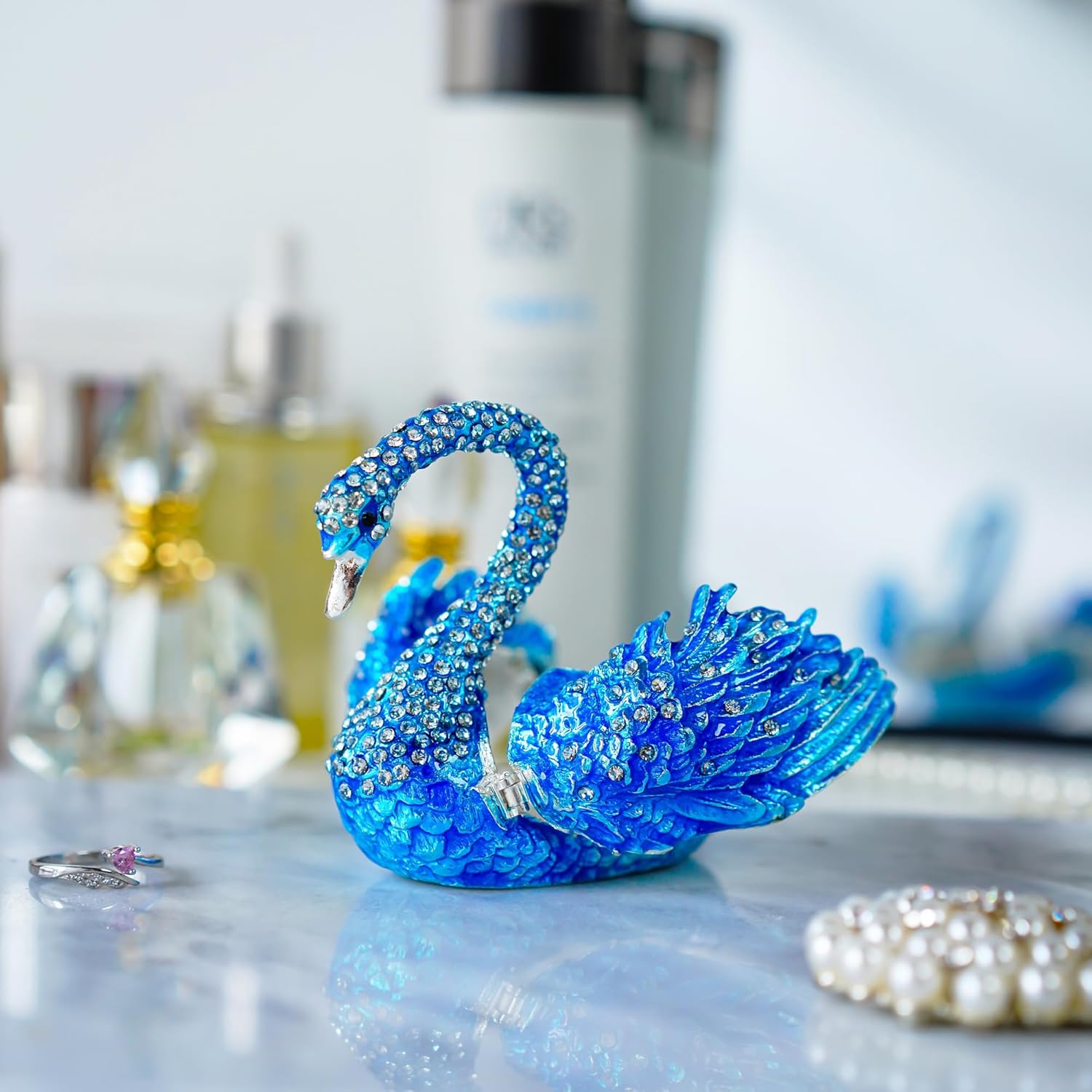 YU FENG Blue Swan Jewelry Trinket Box Collectible Figurine