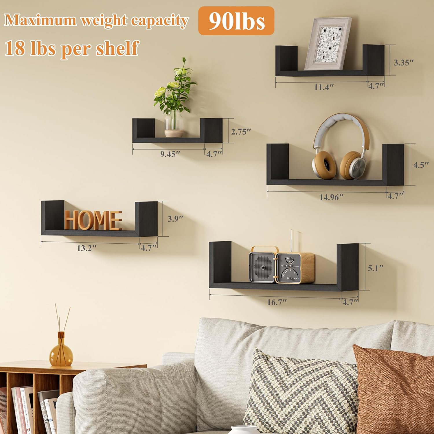 SRIWATANA Floating Wall Shelves Set of 5 Weathered Black