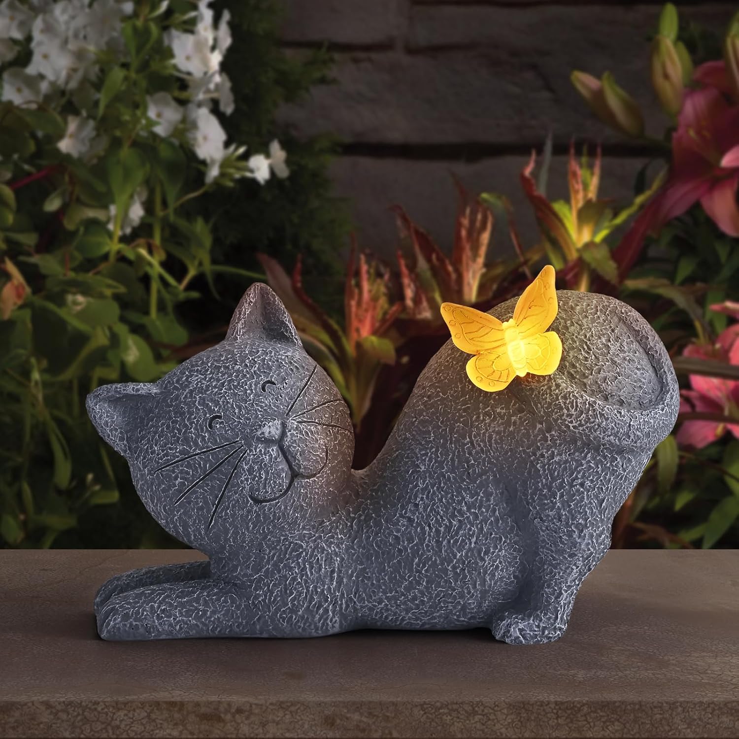 Solar Cat Garden Statue with Glowing Butterfly