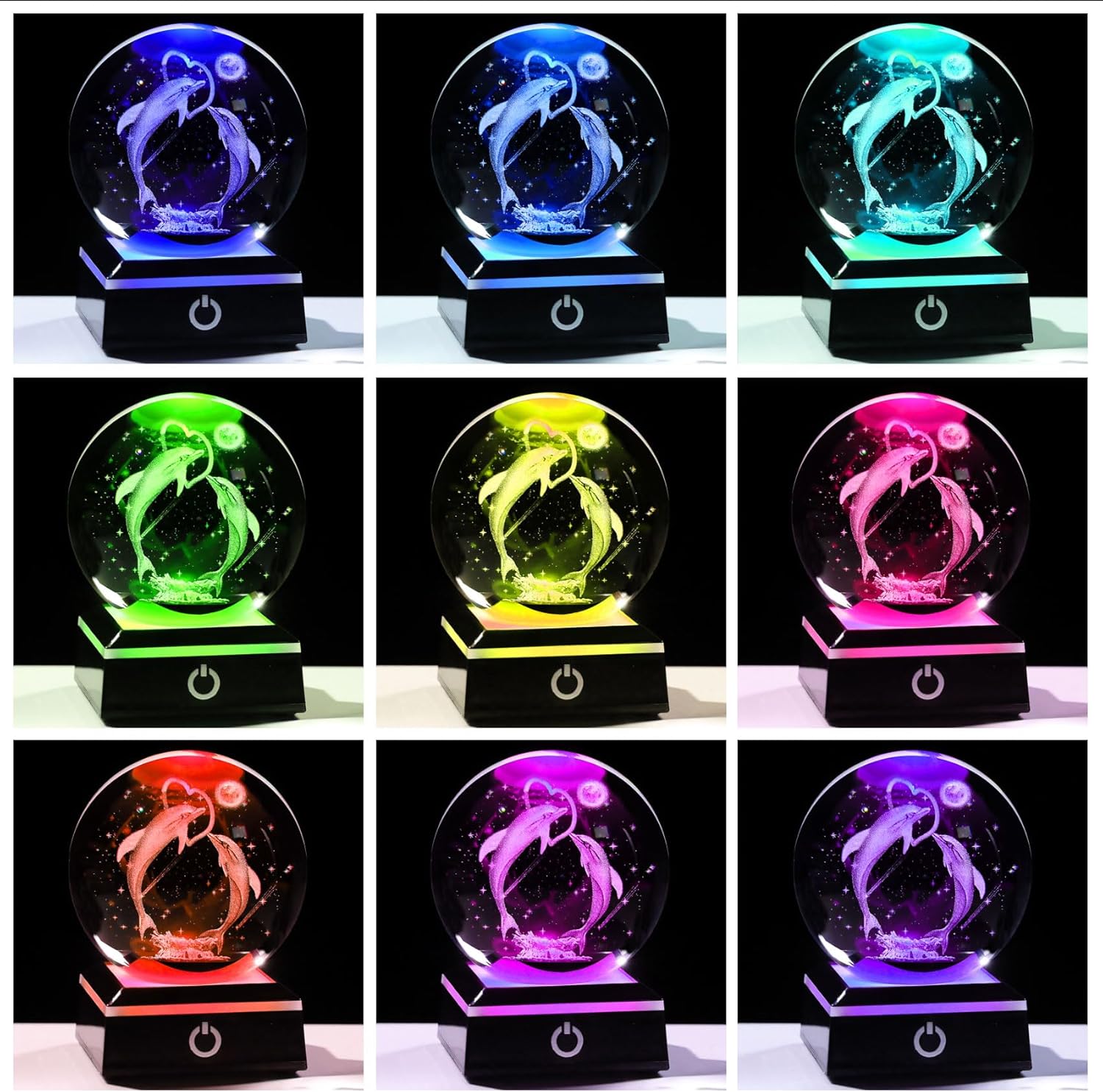 3D Crystal Ball Dolphin Night Light Snow Globe with LED Base