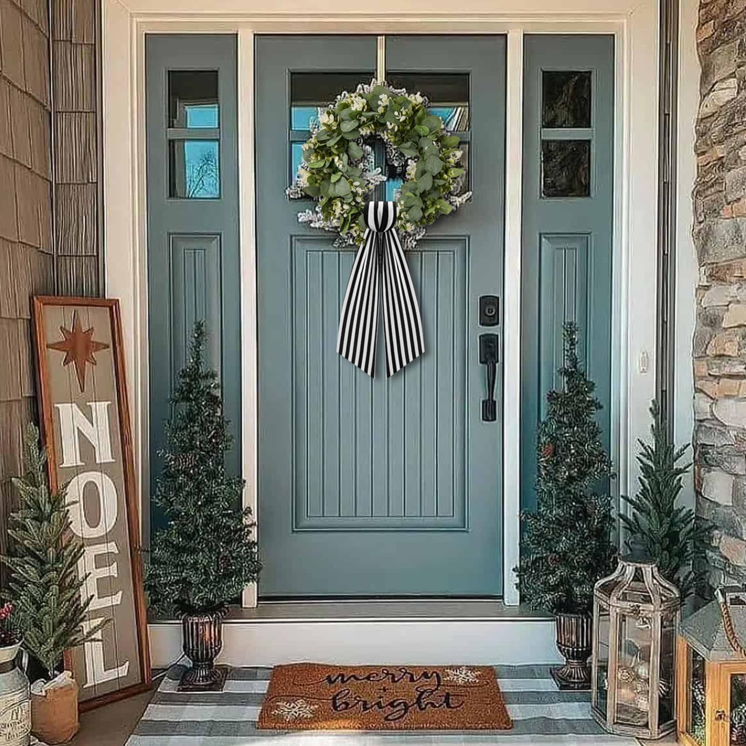 2 Pack Black and White Stripe Boxwood Wreath Sash