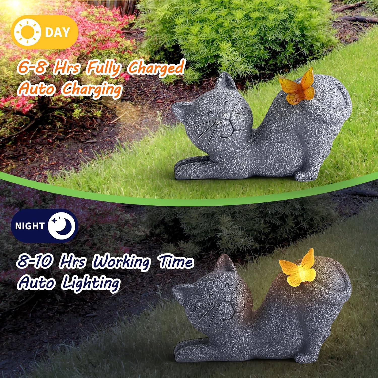 Solar Cat Garden Statue with Glowing Butterfly