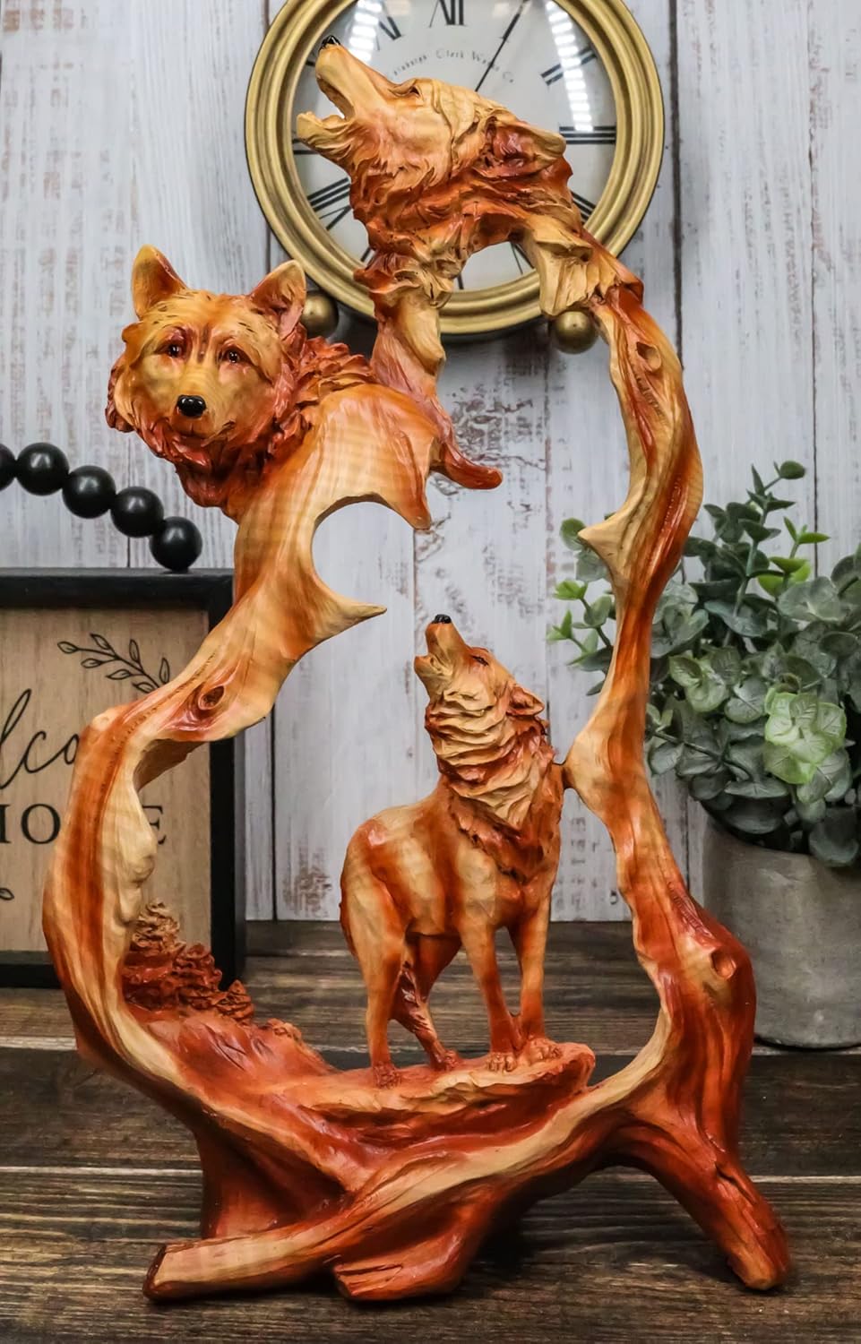 Ebros Gift Nature Rustic Faux Wood Howling Wolf Family Sculpture