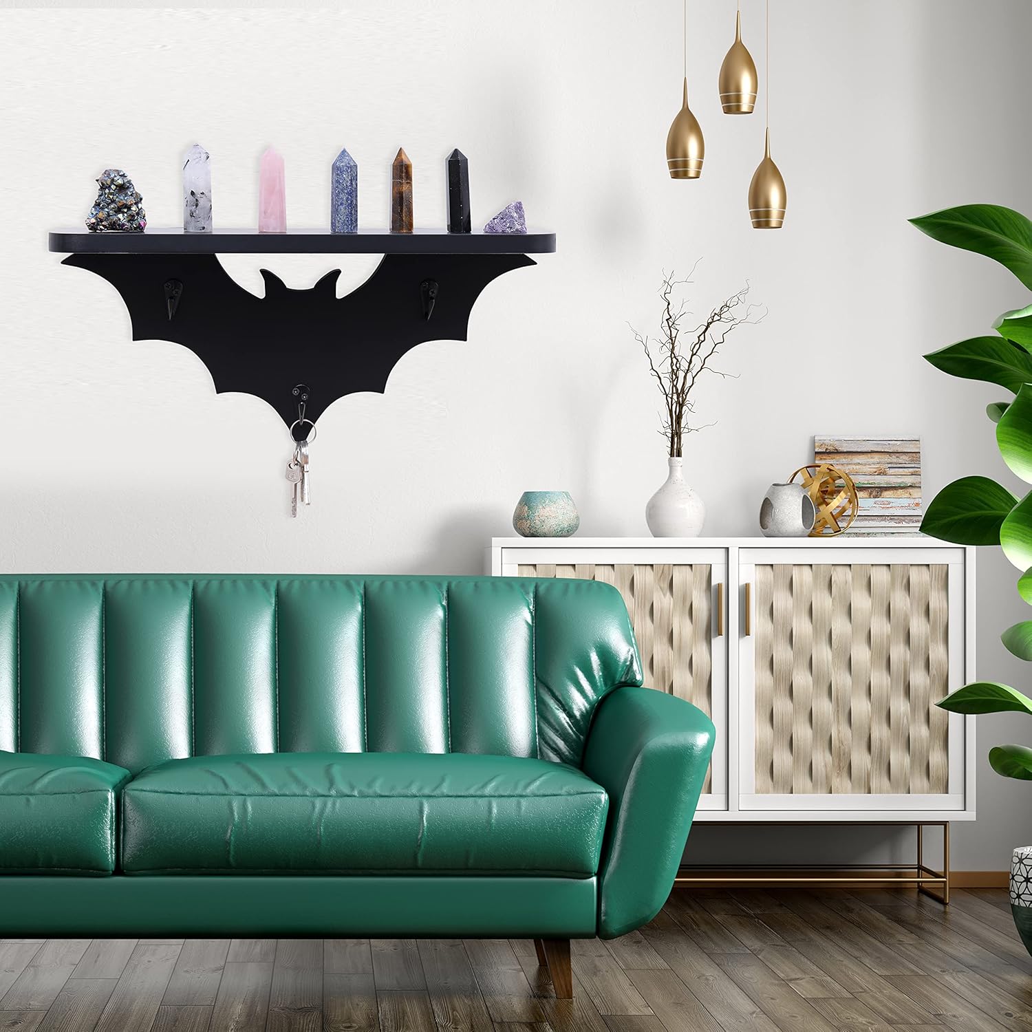 Bat Floating Shelf with 3 Key Hooks Black Wall Decor