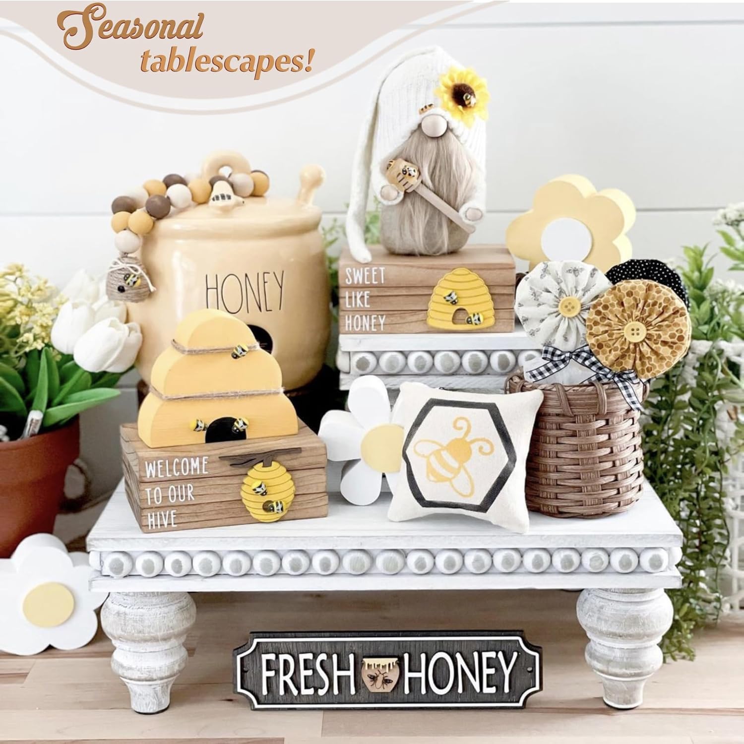 Wooden Tiered Tray Stand Set of 3 White Farmhouse Decor
