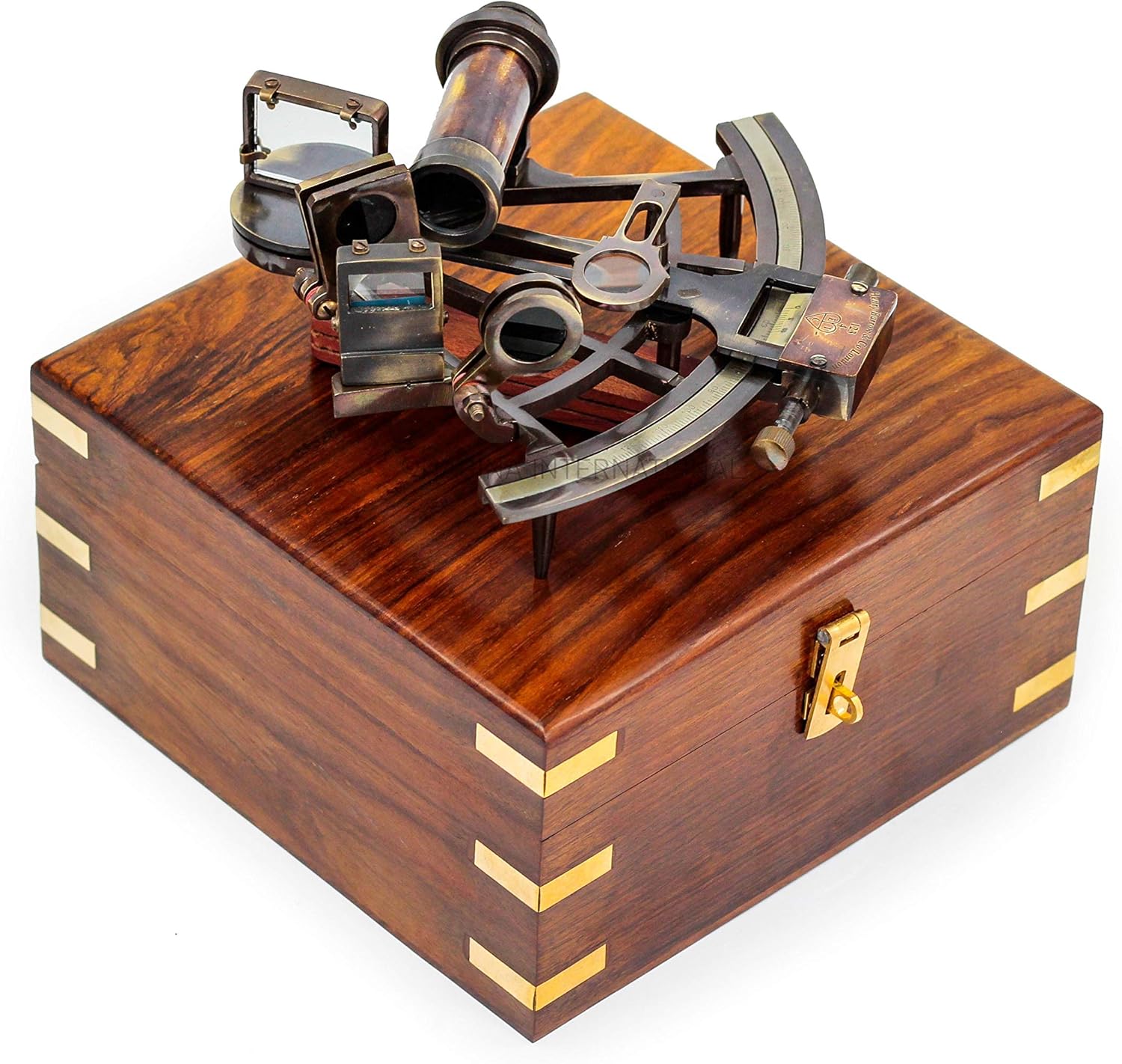 Brass Sextant with Rosewood Inlaid Box - 9 Inches