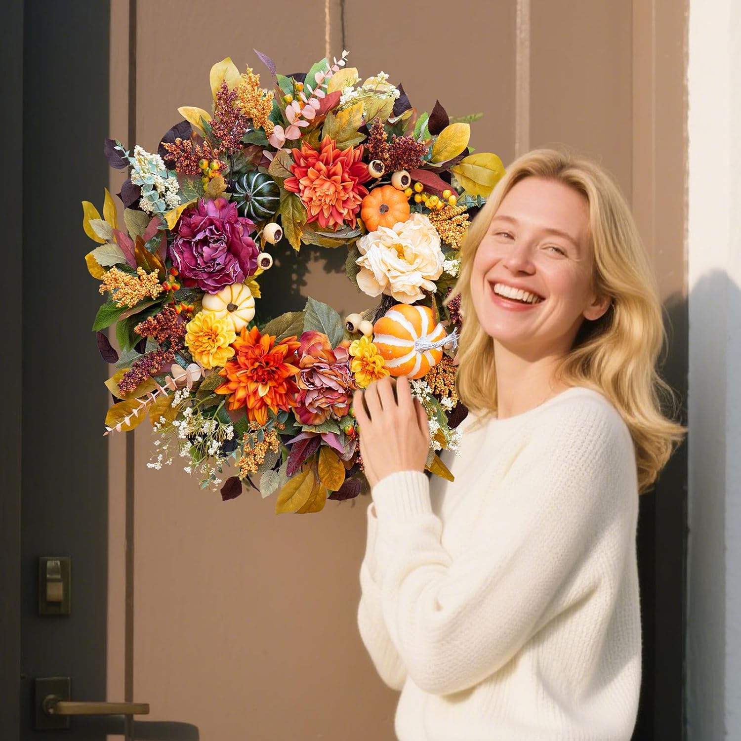 24 Inch Fall Wreath with Pumpkins and Leaves