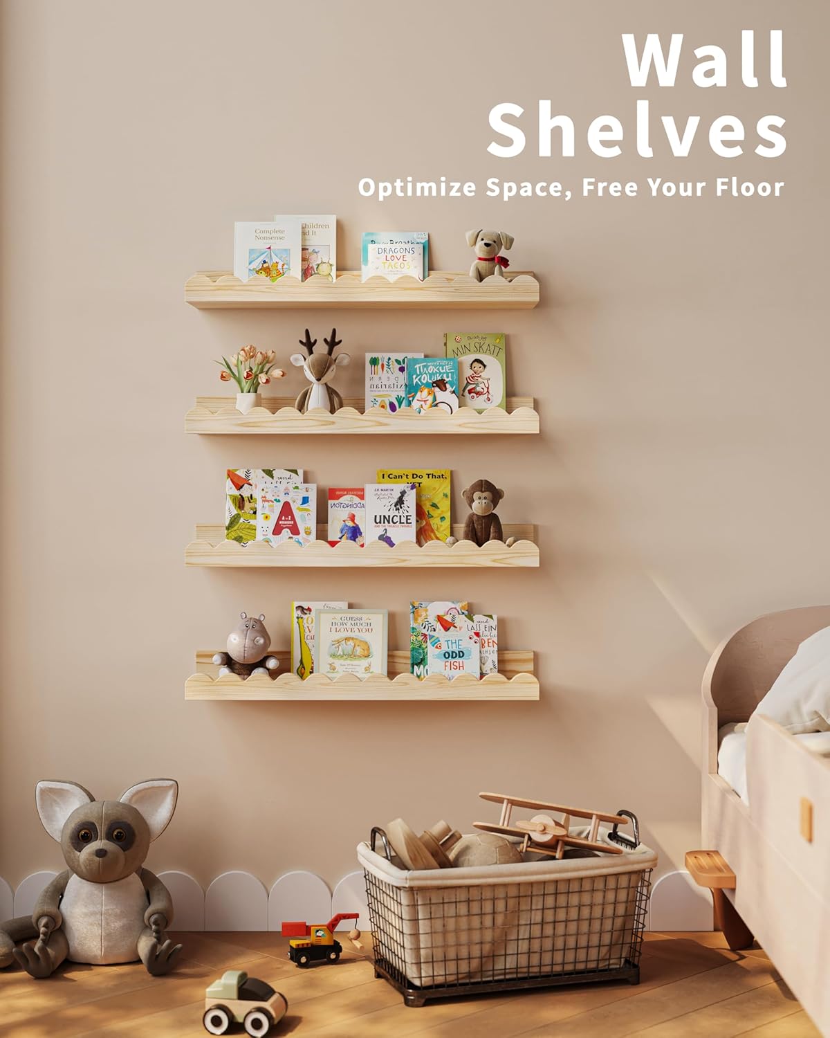 Shario 4-Pack Floating Wood Book Shelves for Kids Wall