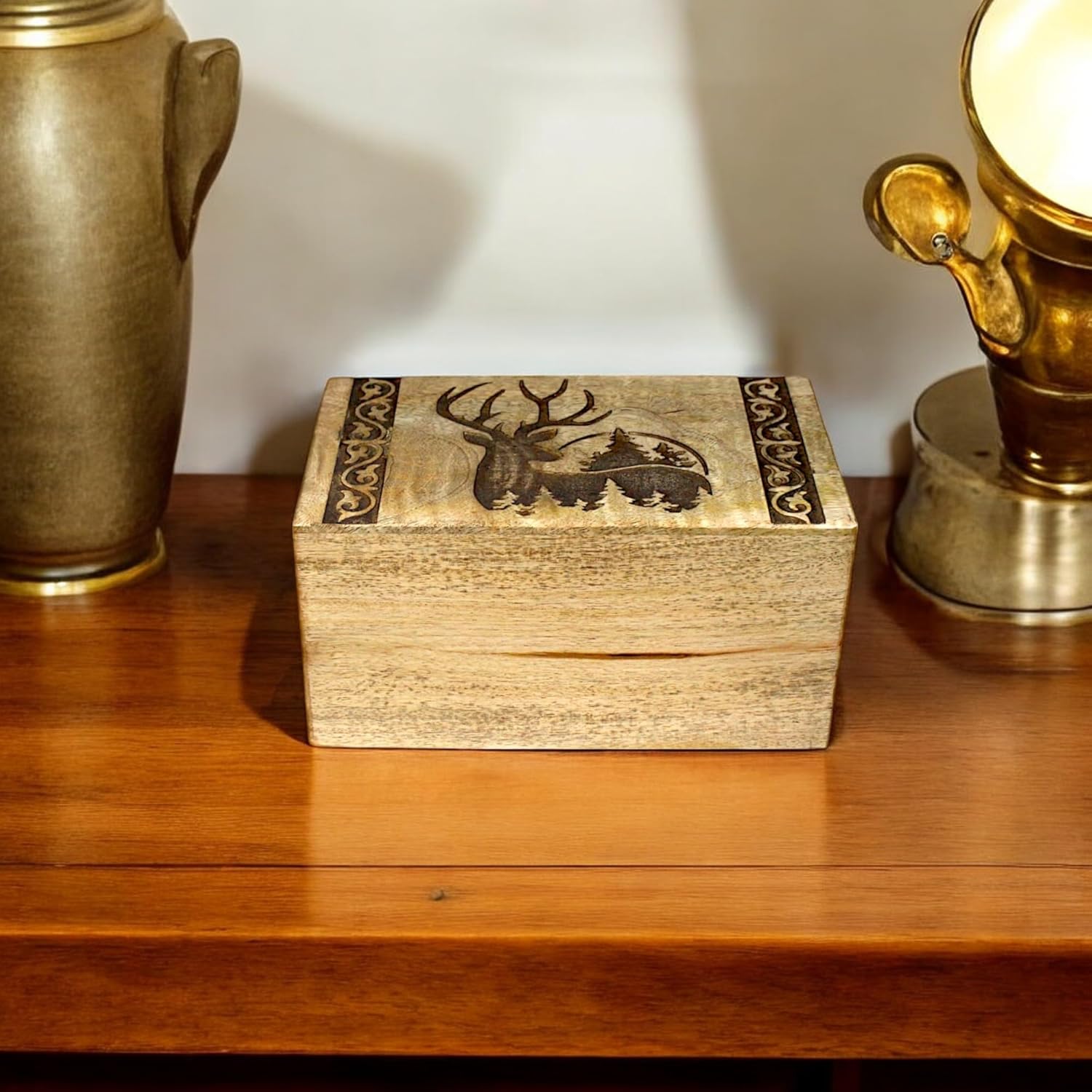 Handcrafted Wooden Cremation Urn with Deer Engraving