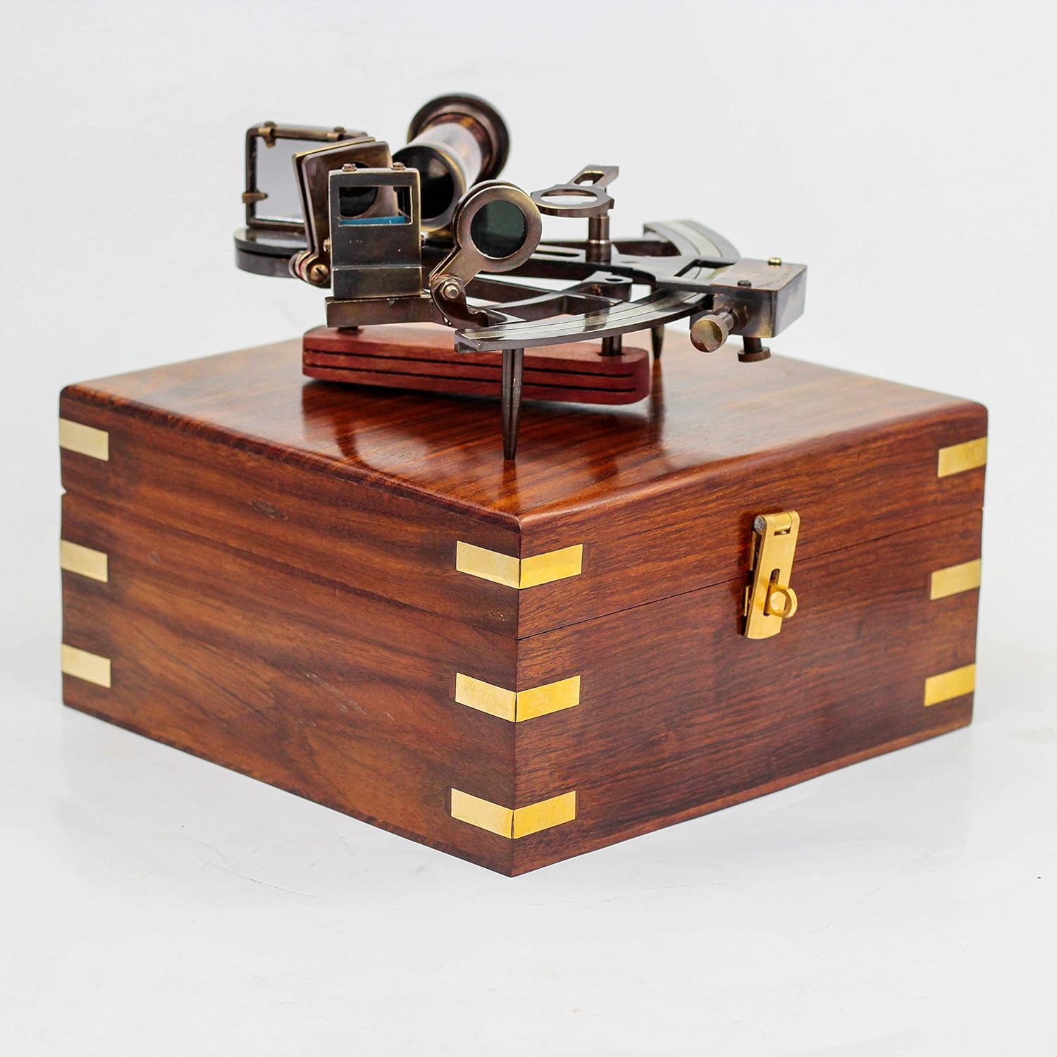 Brass Sextant with Rosewood Inlaid Box - 9 Inches