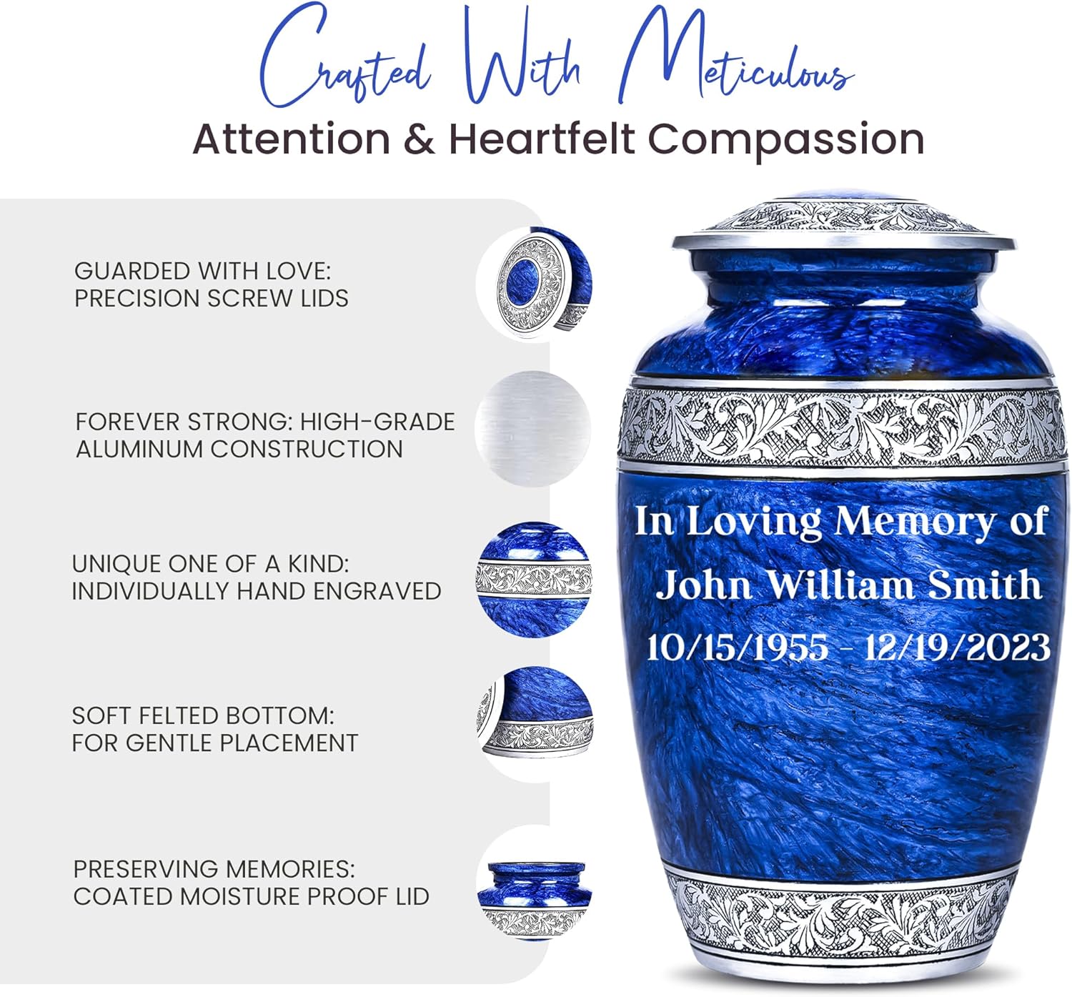 Personalized Blue Urn for Human Ashes with Necklace