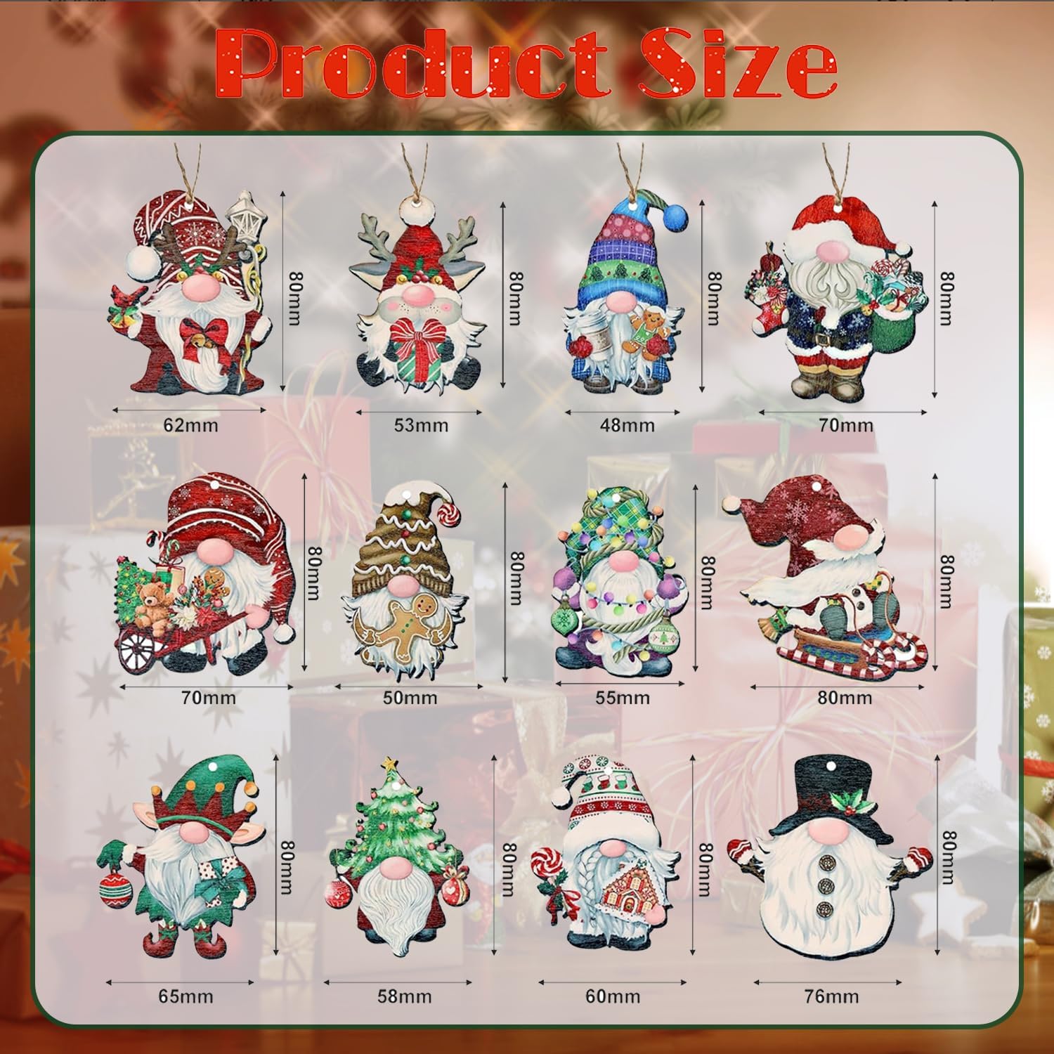 24 Wooden Gnome Christmas Ornaments for Decor