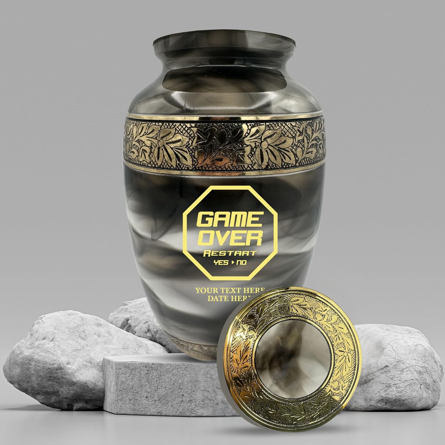 Custom Cremation Urn for Gamers - Gold Engraved Design