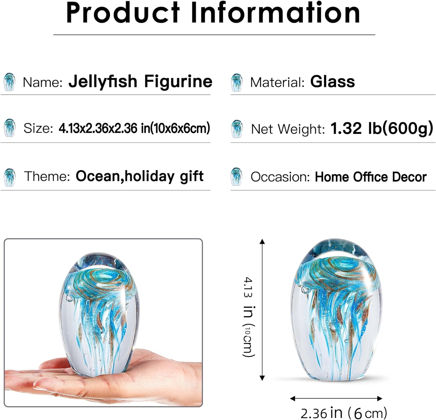 Eustuma Hand Blown Glass Jellyfish Figurine Ornament