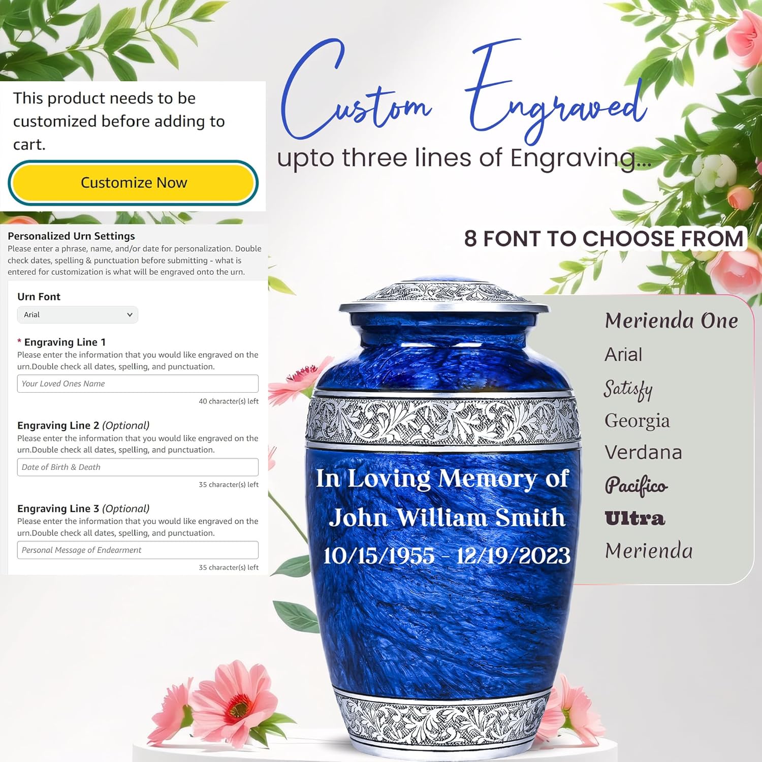 Personalized Blue Urn for Human Ashes with Necklace