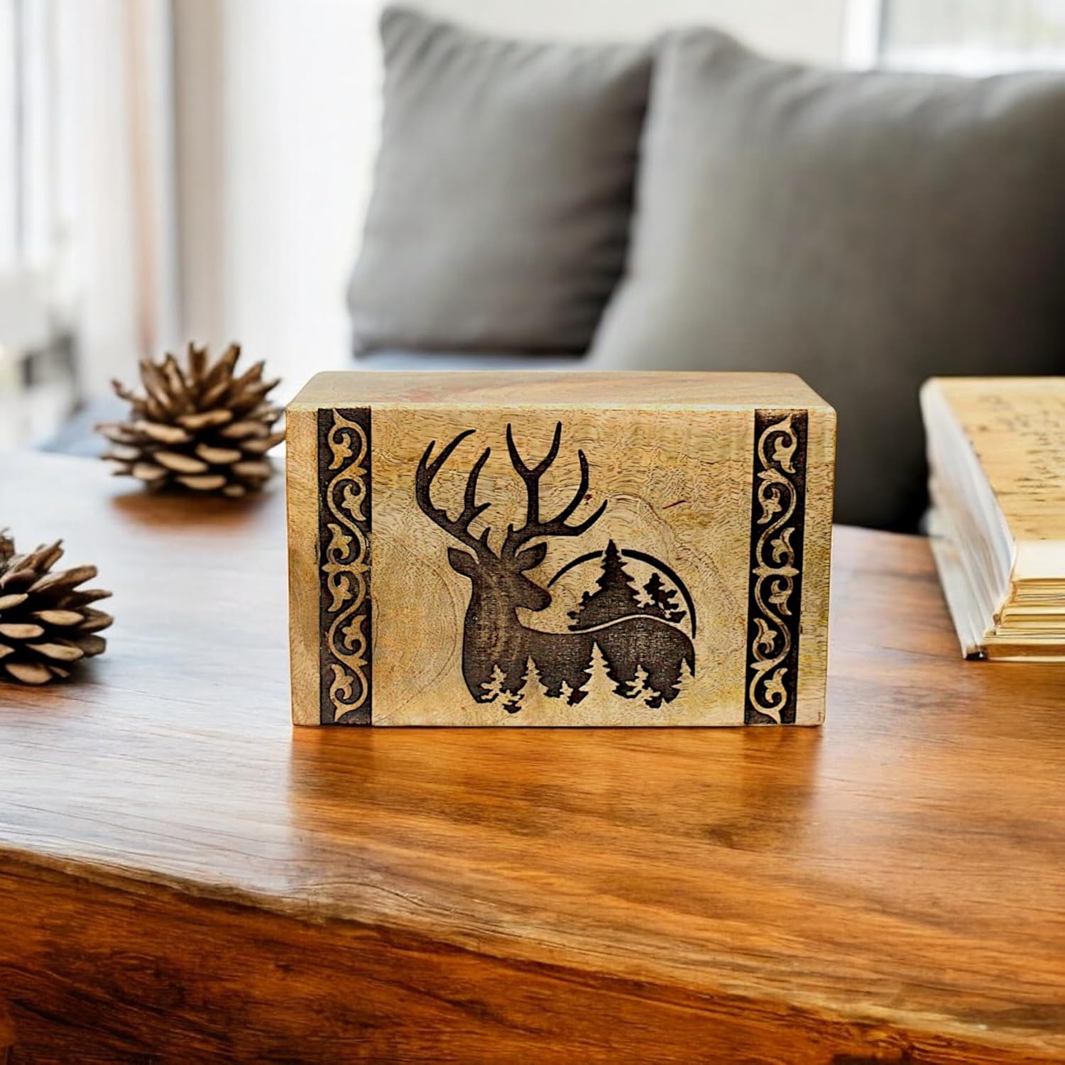 Handcrafted Wooden Cremation Urn with Deer Engraving