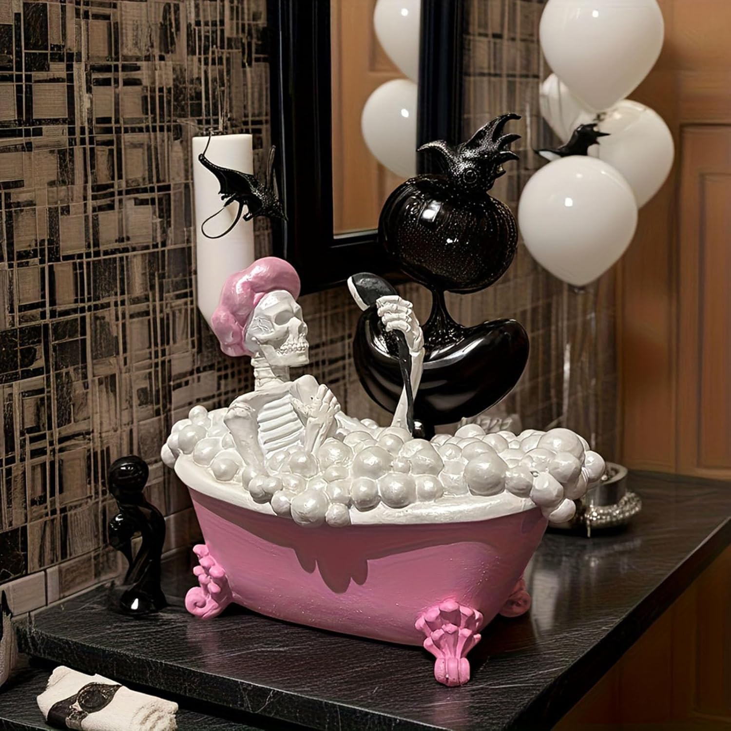 Whimsical Halloween Skeleton in Pink Bath Tub Figurine