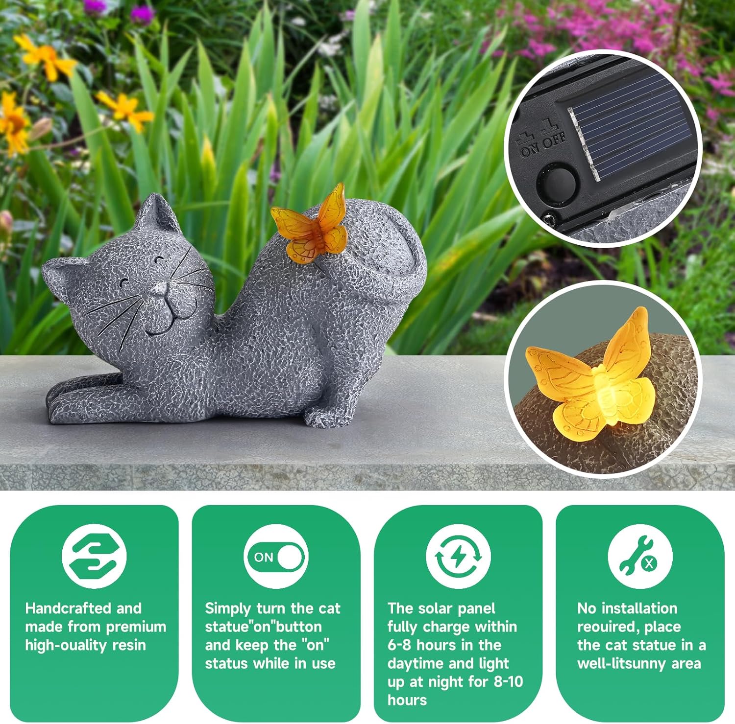 Solar Cat Garden Statue with Glowing Butterfly