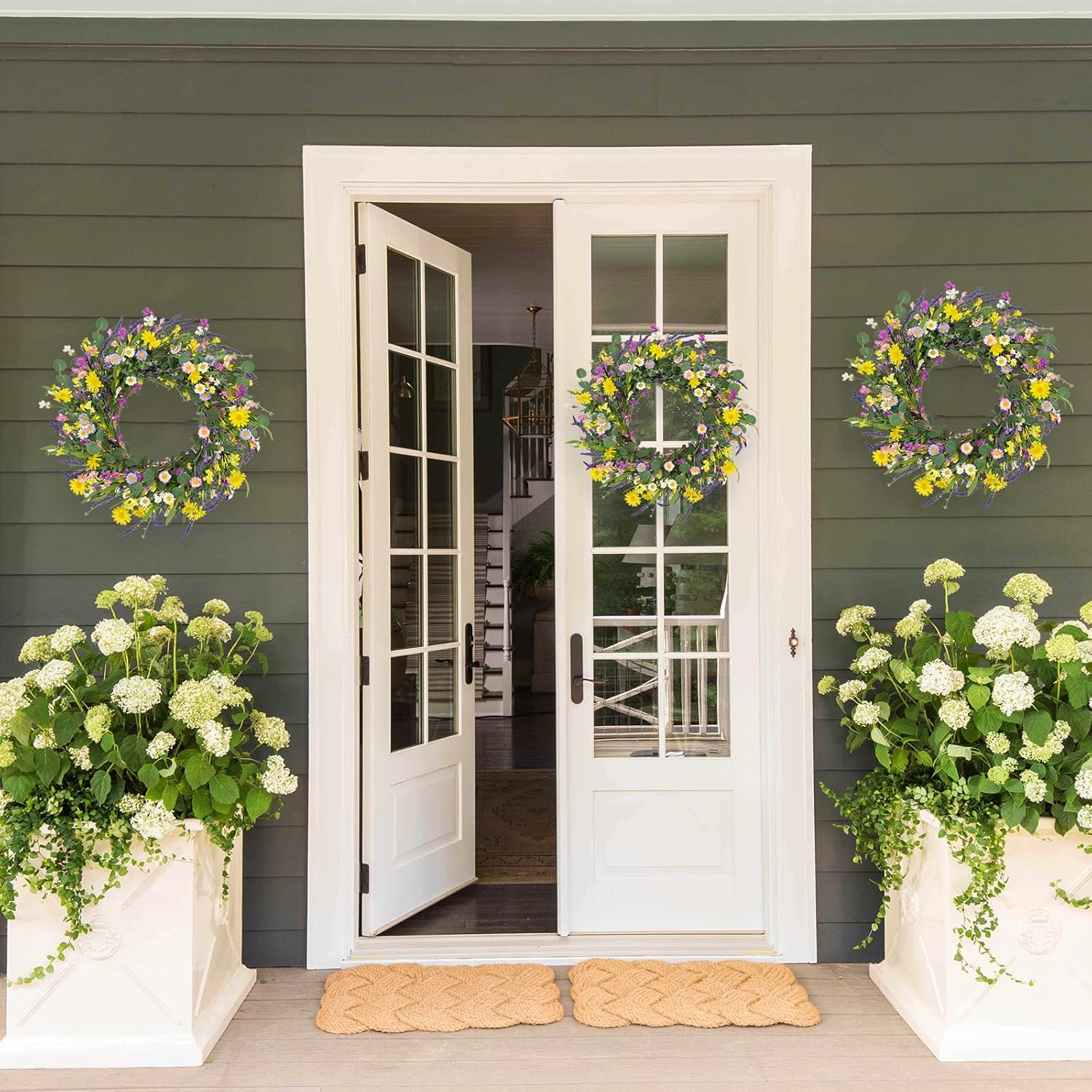 JFLORU 22 Inch Artificial Spring Wreath with Wildflowers