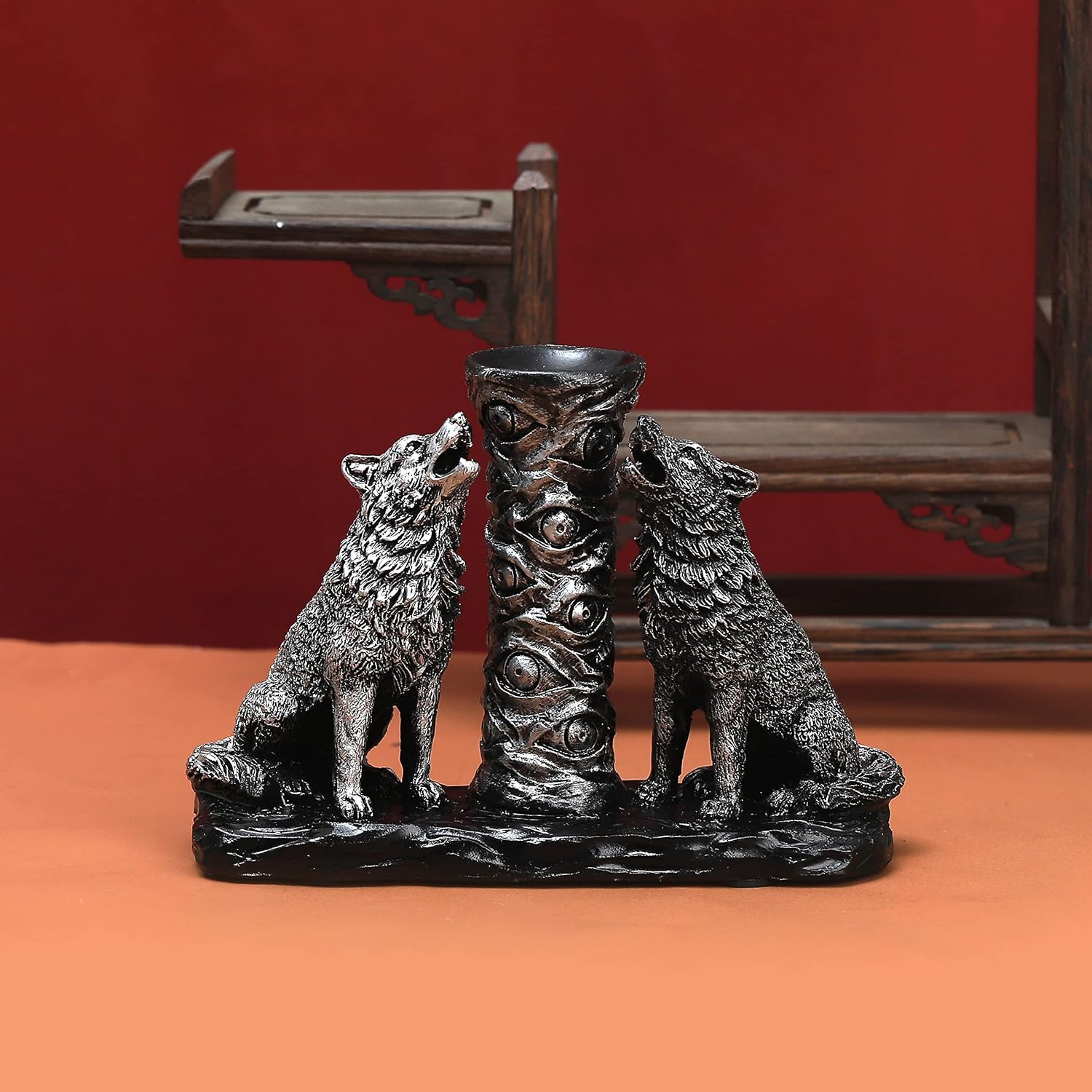 Two Silver Wolves Figurine with Crystal Base Holder