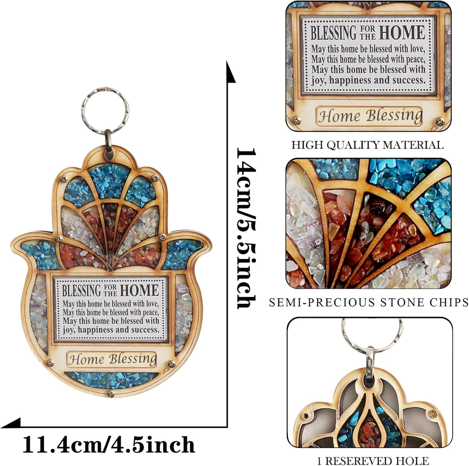Wooden Hamsa Blessing Wall Decor with Gemstone Accents