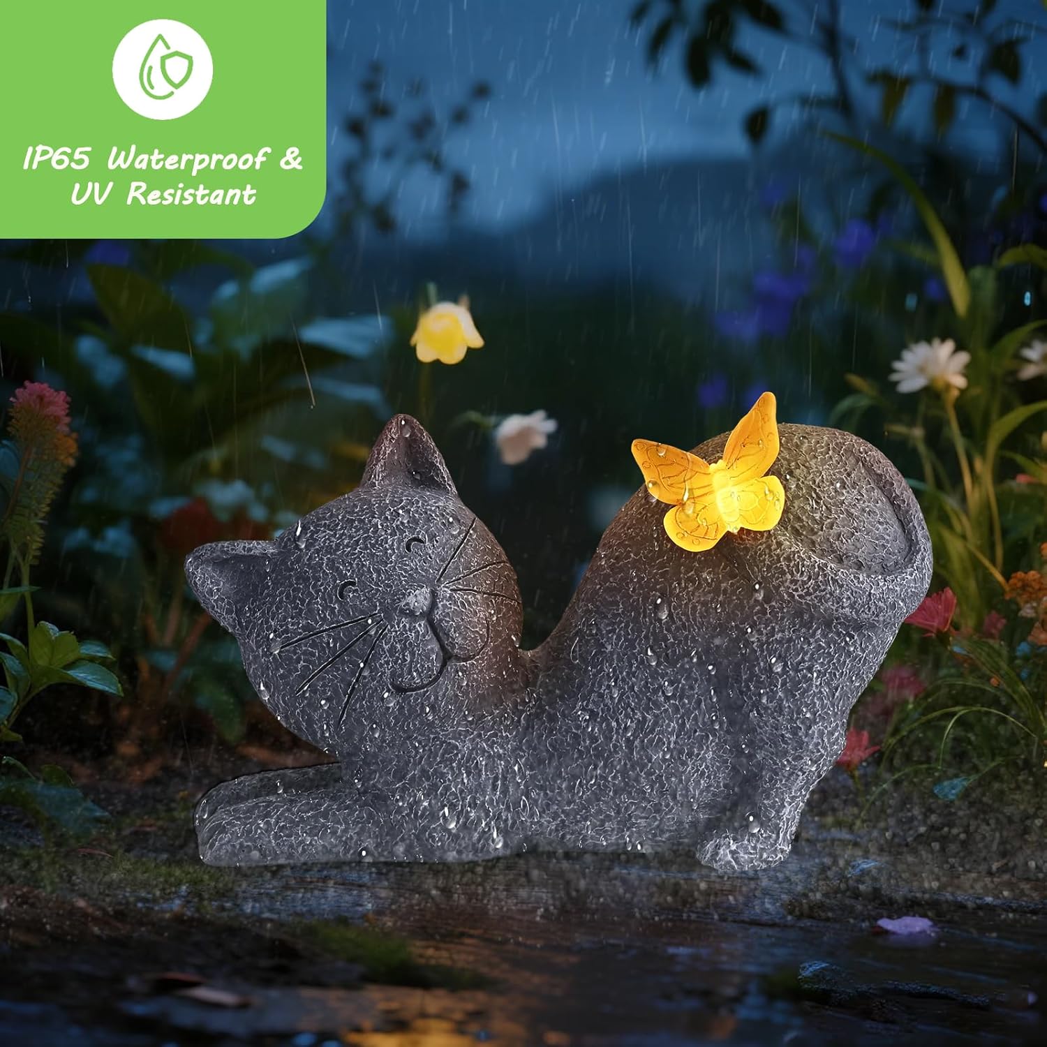 Solar Cat Garden Statue with Glowing Butterfly