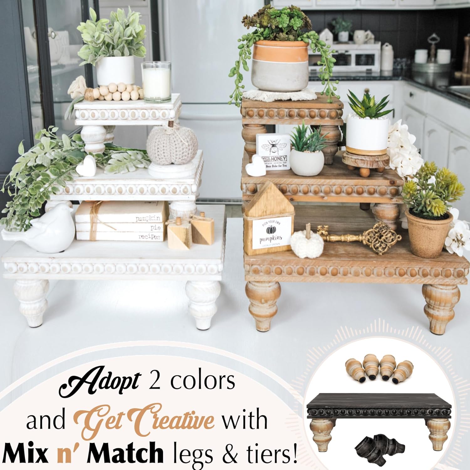 Wooden Tiered Tray Stand Set of 3 White Farmhouse Decor