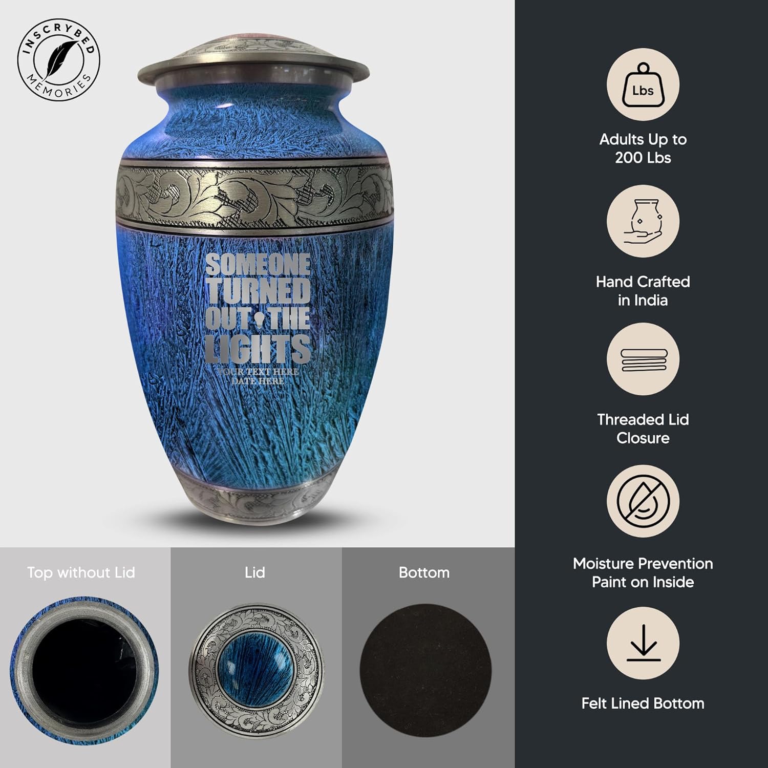 Personalized Large Adult Cremation Urn with Funny Engraved Design 200 Cubic Inches Blue